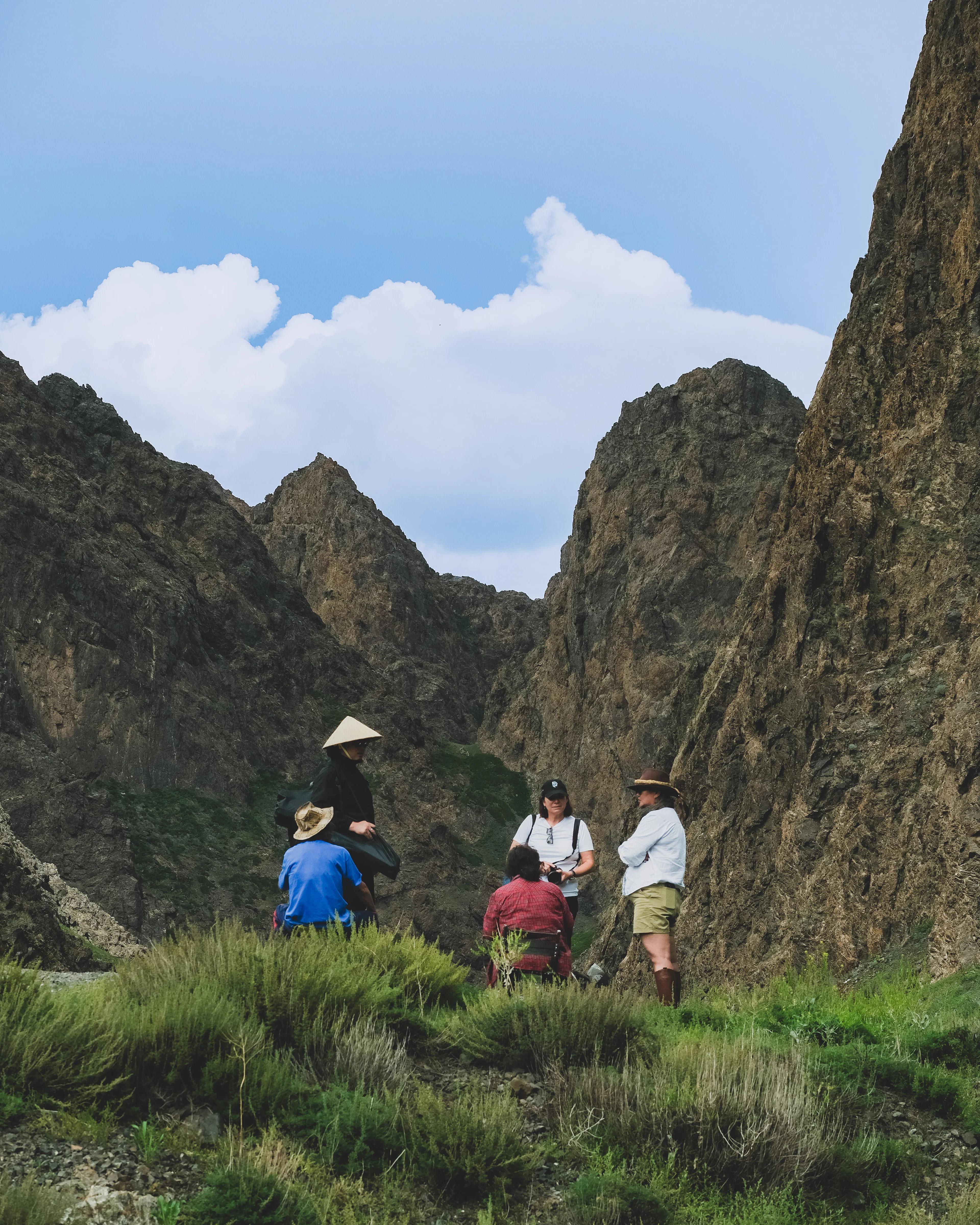 Hikers in a narrow green gorge between rocky walls