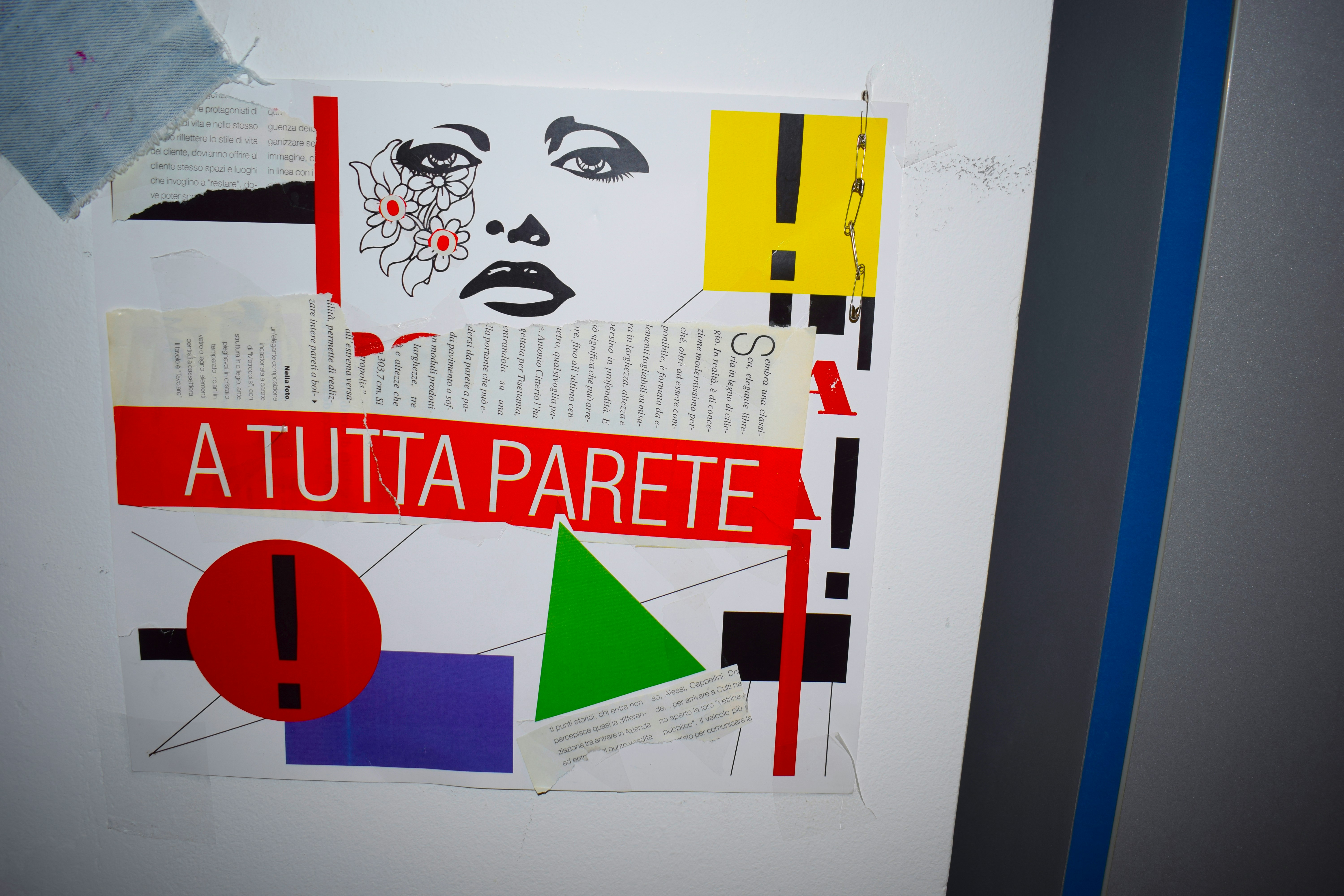 顔、テキスト、幾何学的な形を使ったコラージュ。