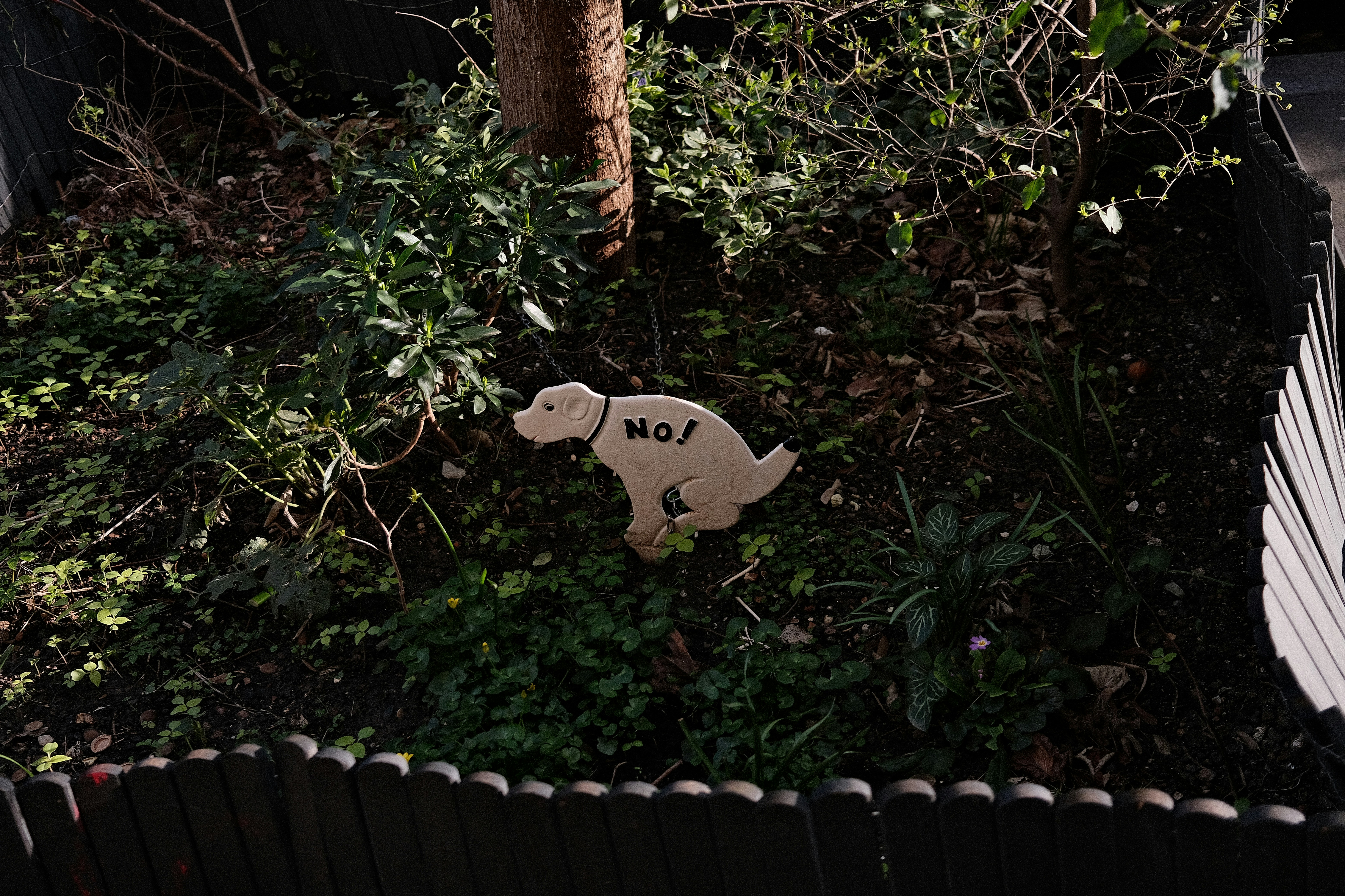 Uma estaca decorativa de jardim em forma de cachorro e cocô.