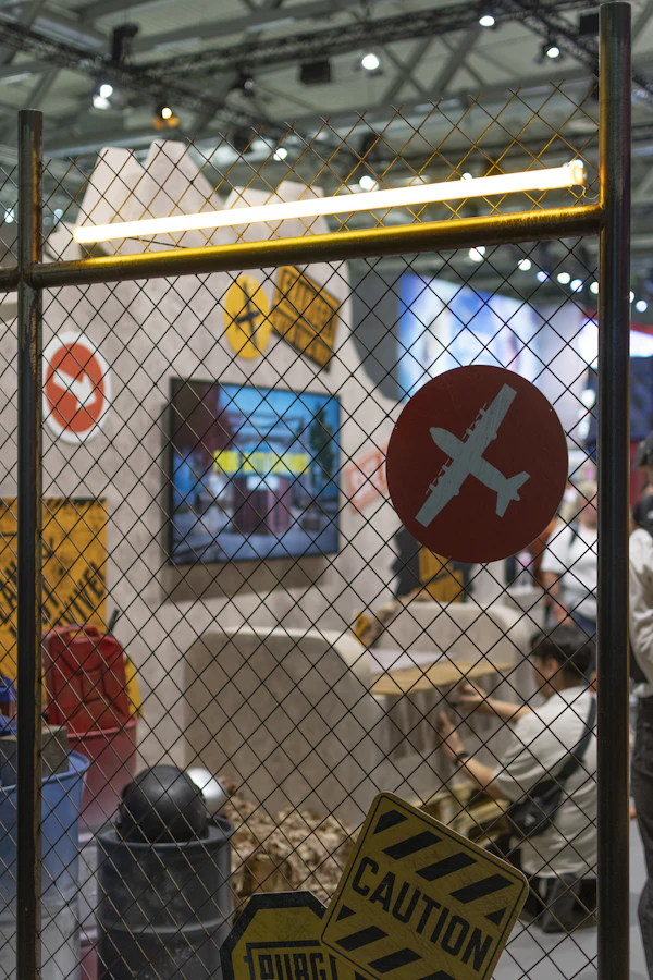 Orlando trade expo venue - Gaming booth with caution signs and airplane symbol