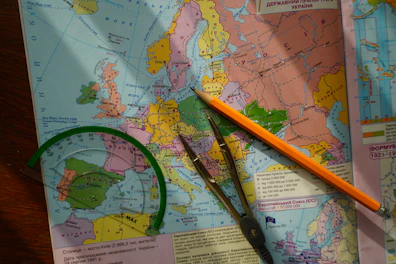 Map of europe with drawing tools and pencil