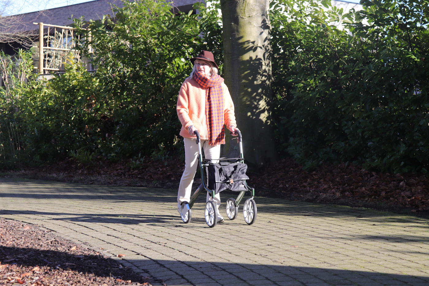 Ältere Person geht mit Rollator auf einem Weg als Symbol für individuell angepasste Bewegung bei Herz-Kreislauf-Erkrankungen