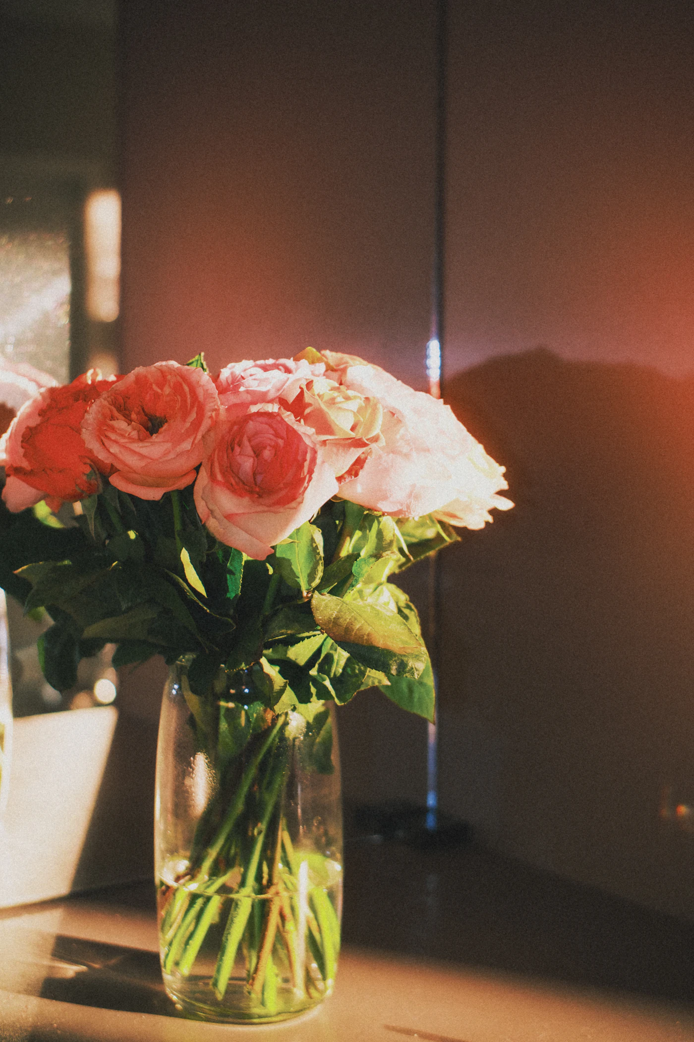Blush roses gathered in a clear glass vase