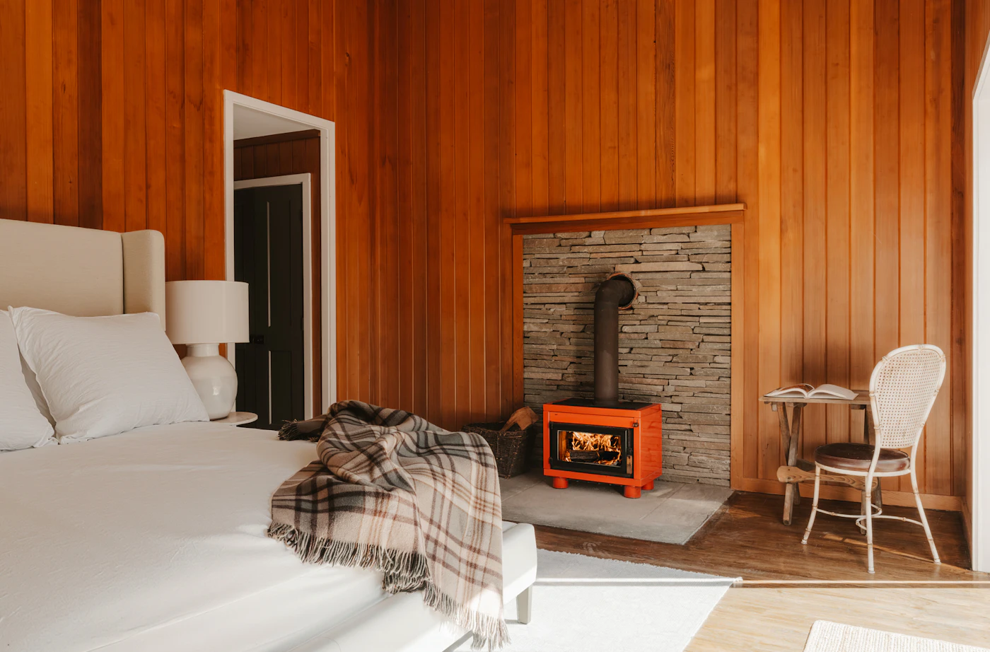 The Casita sitting room with a kiva fireplace