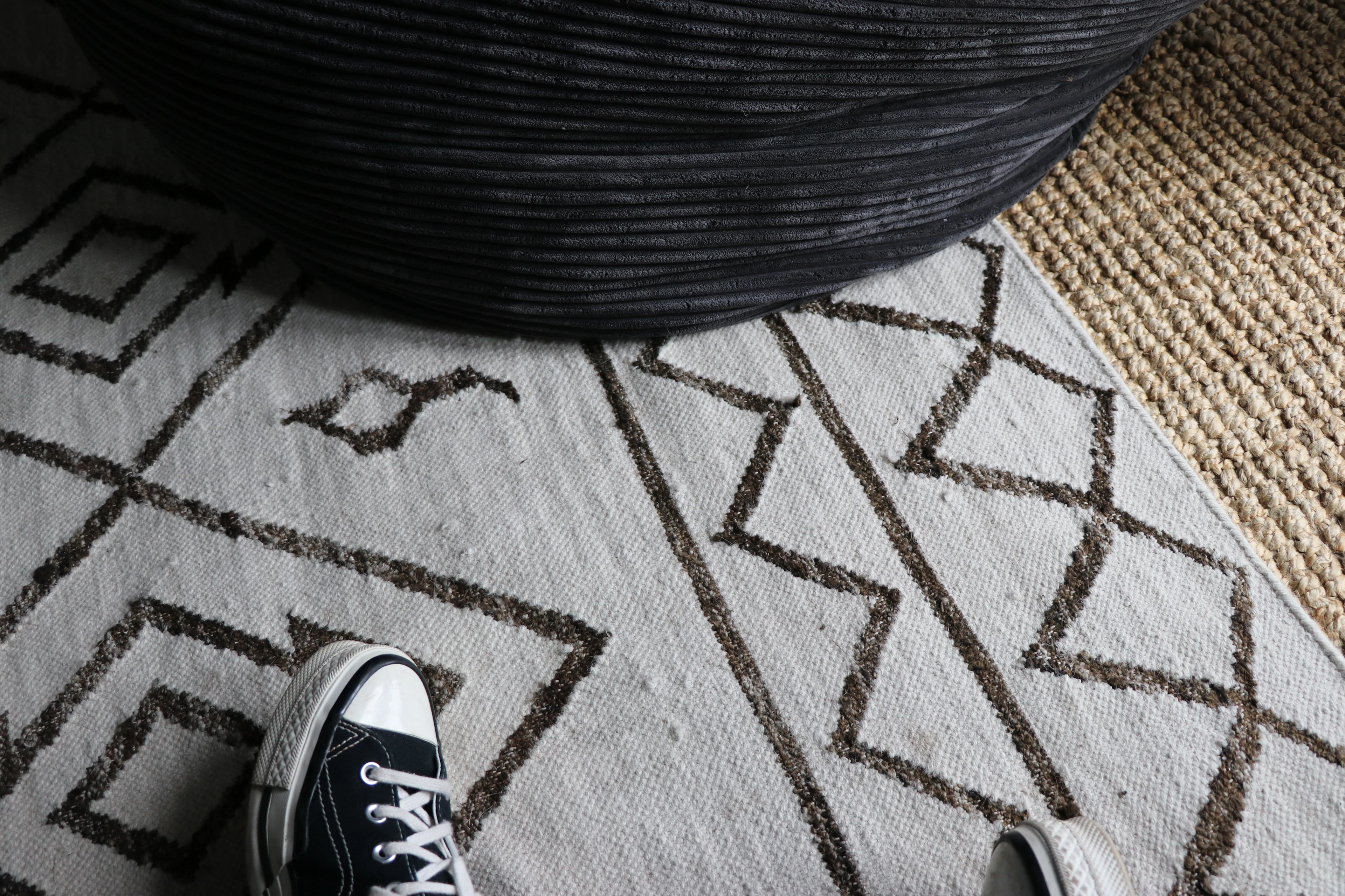 Ivory and black geometric flatweave rug