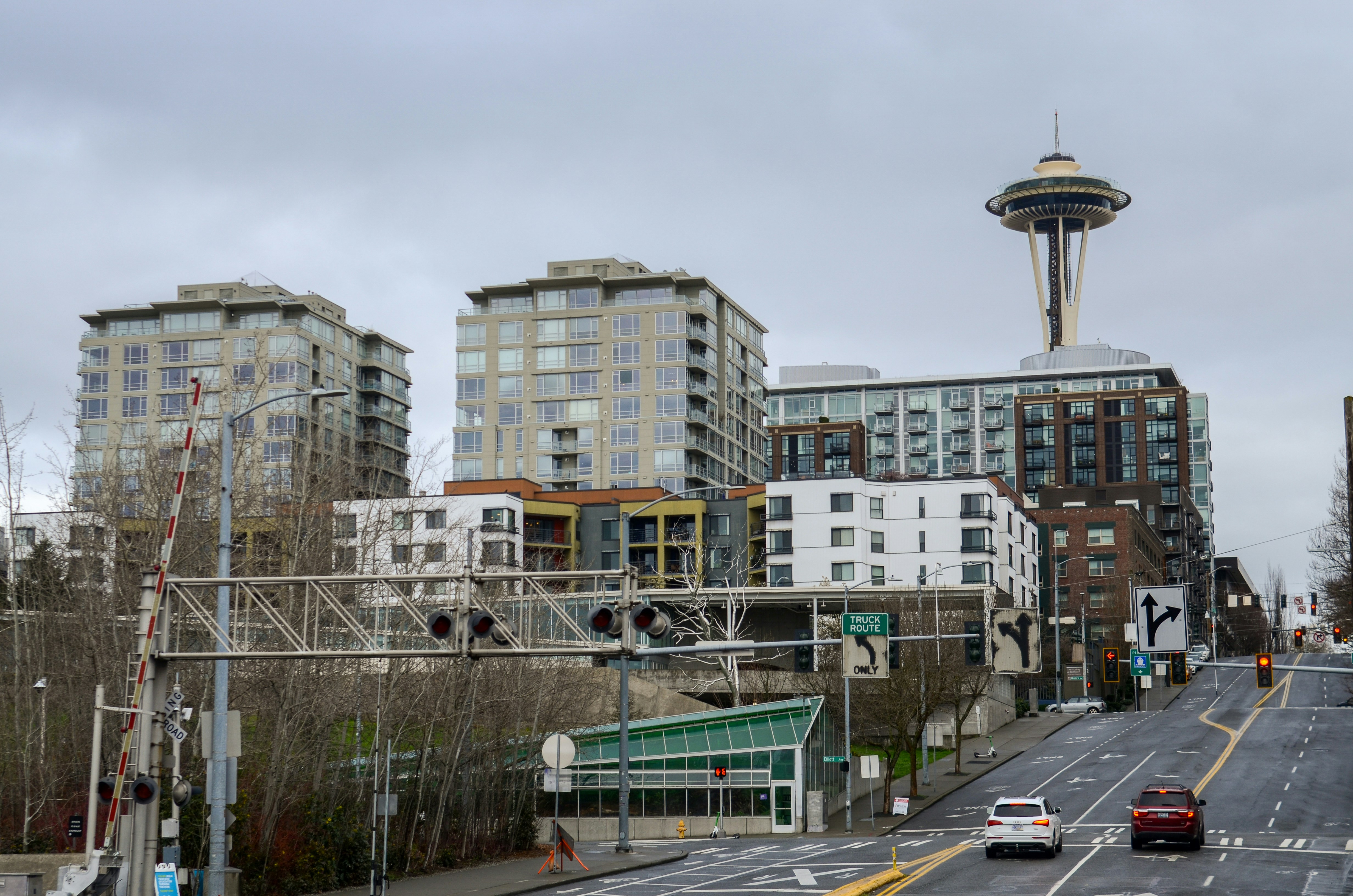 City skyline with space needle and modern buildings