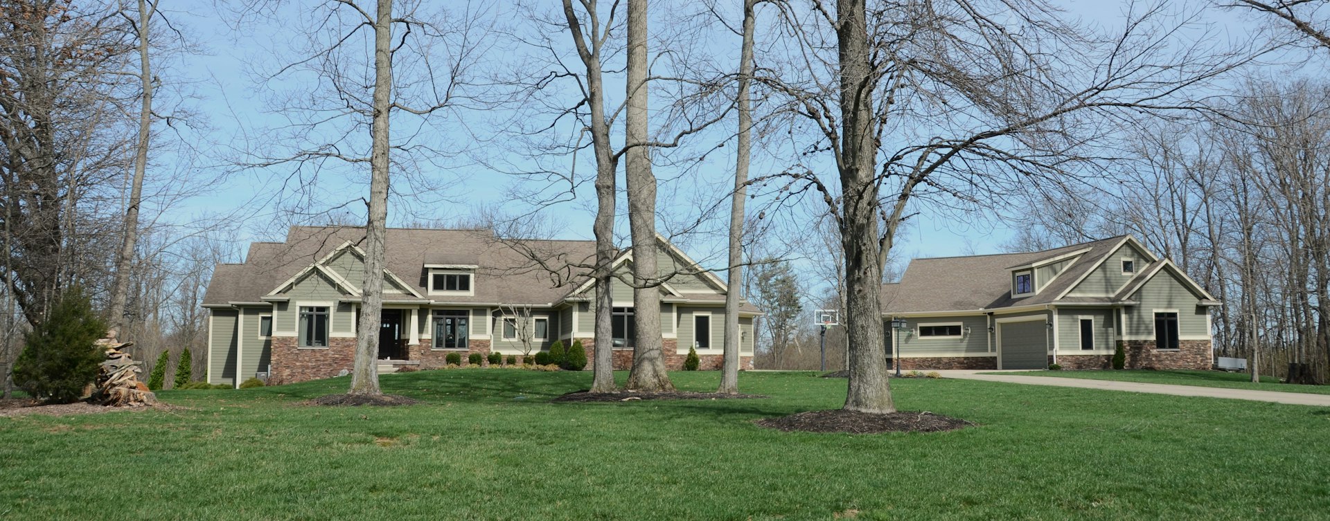 Craftsman-style homes on a wooded lot in early spring