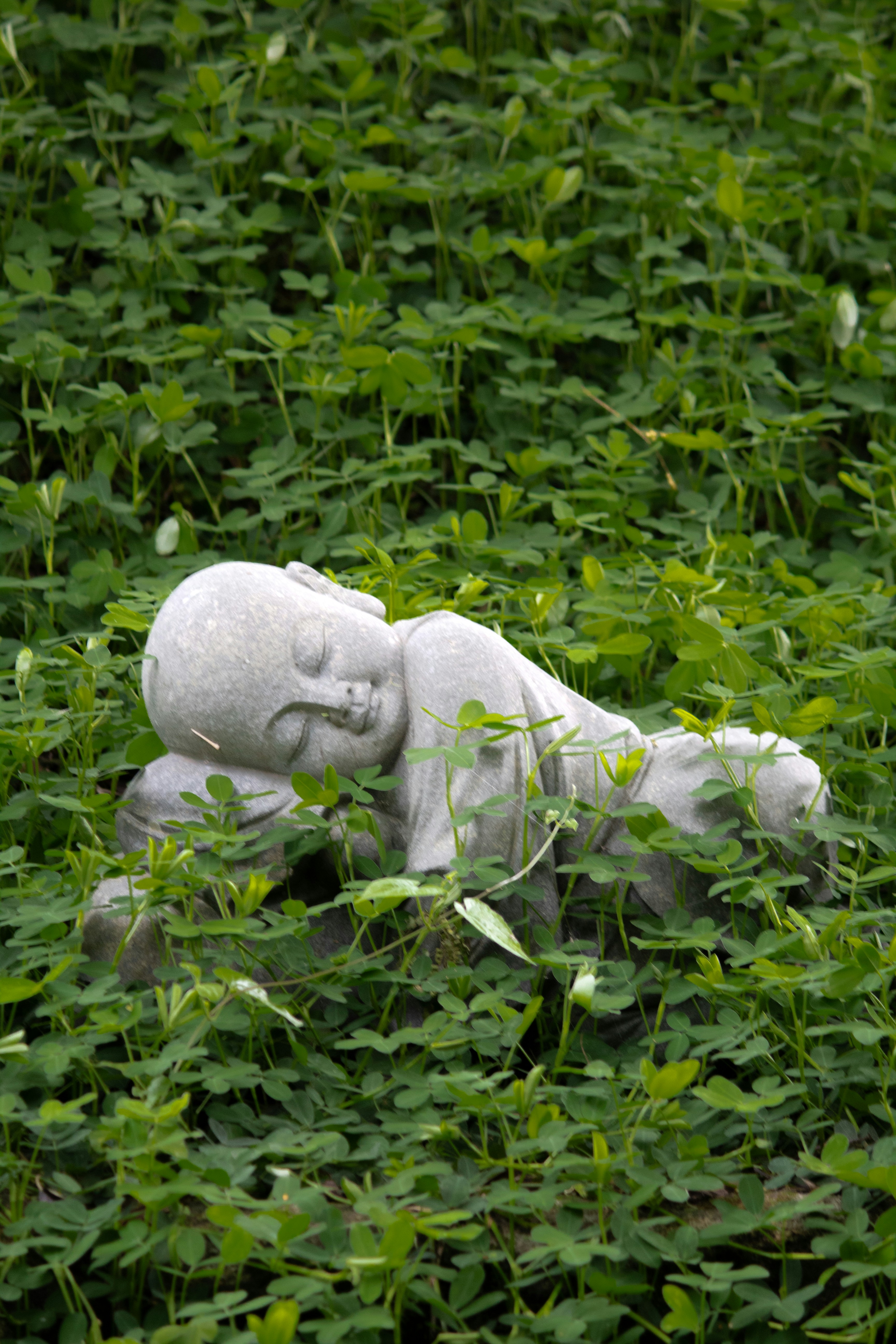 Steinstatue eines schlafenden Kindes, eingebettet in grünes Laub
