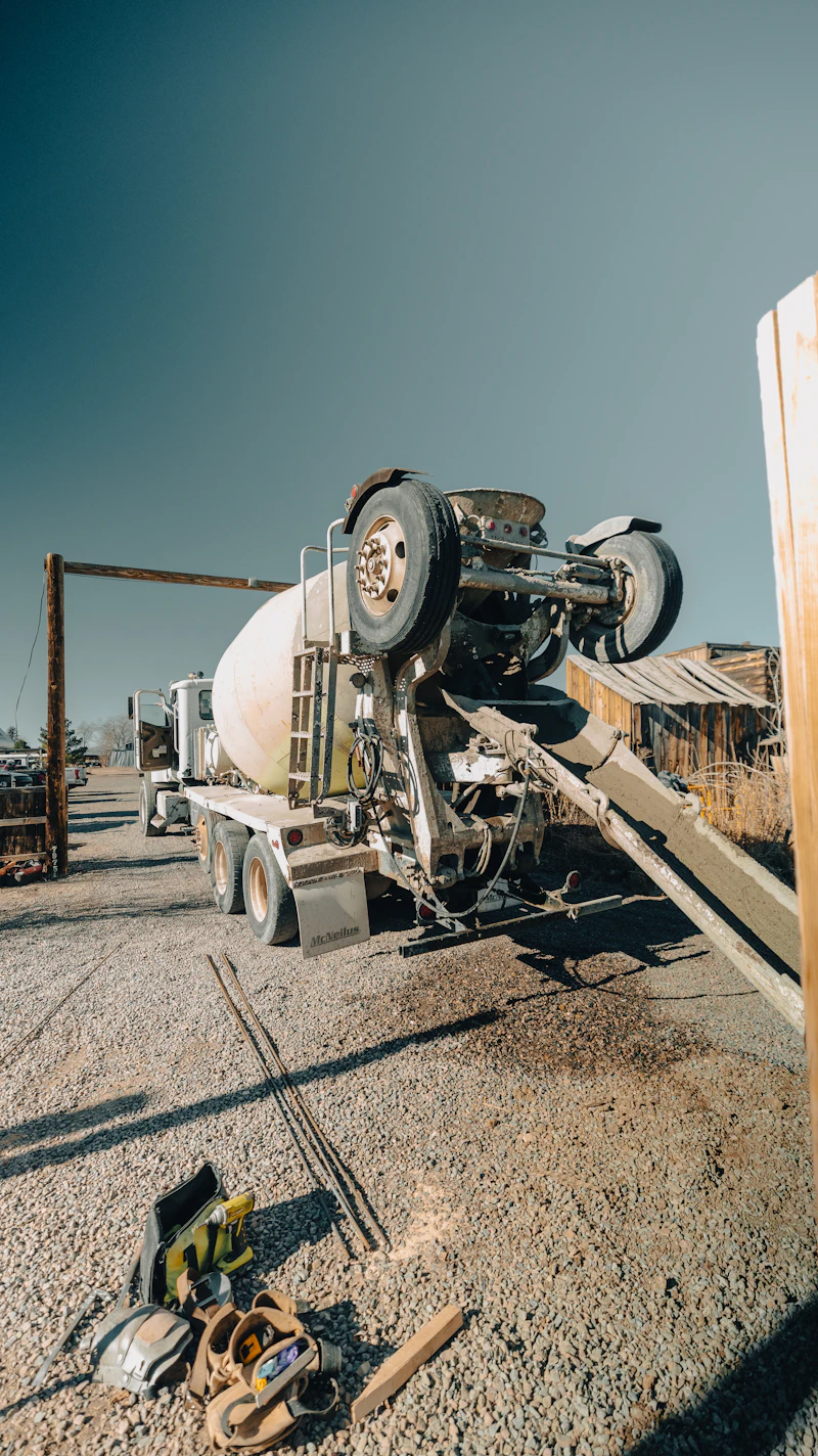 A cement truck and tools on a job site