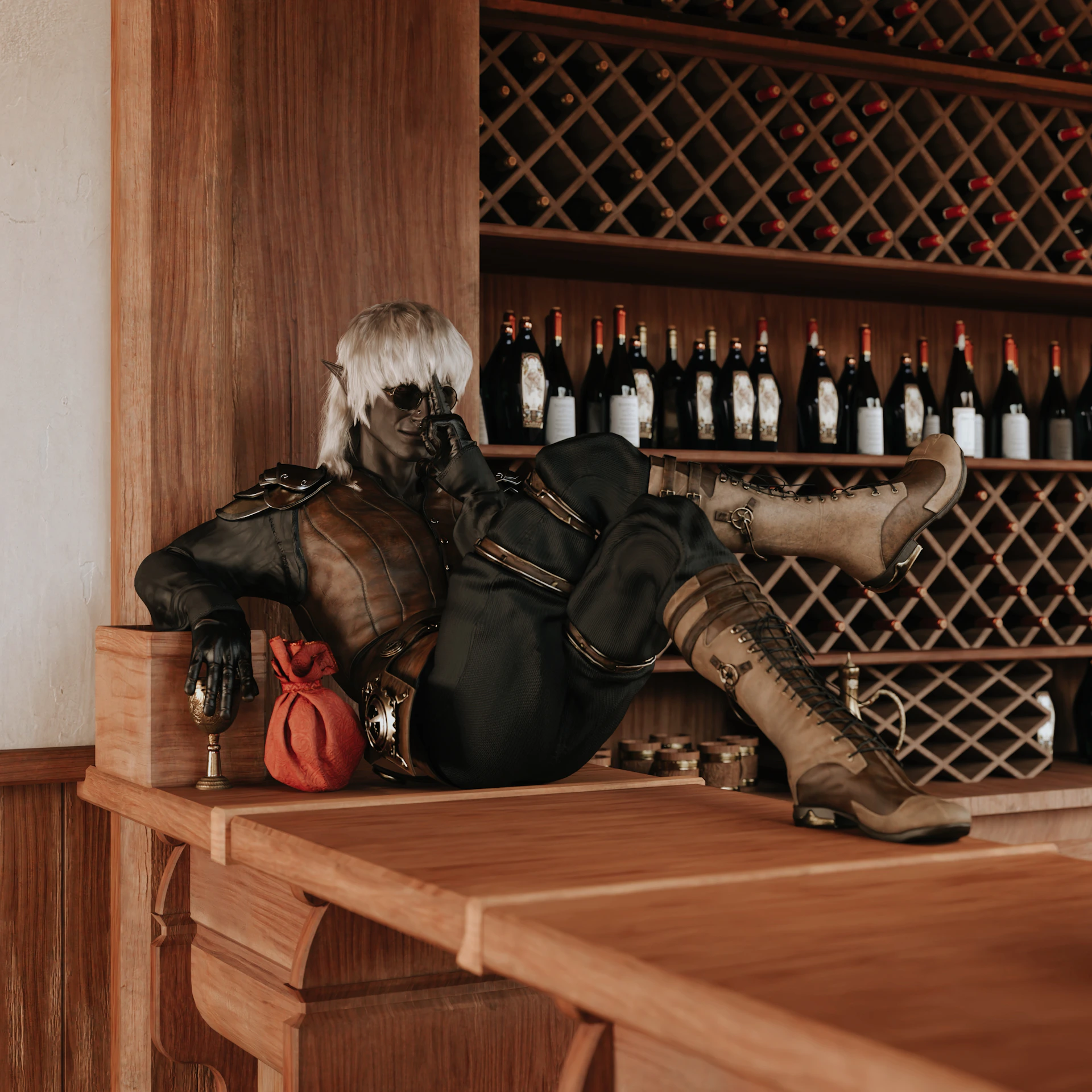 A fantasy character lounges by a wine rack