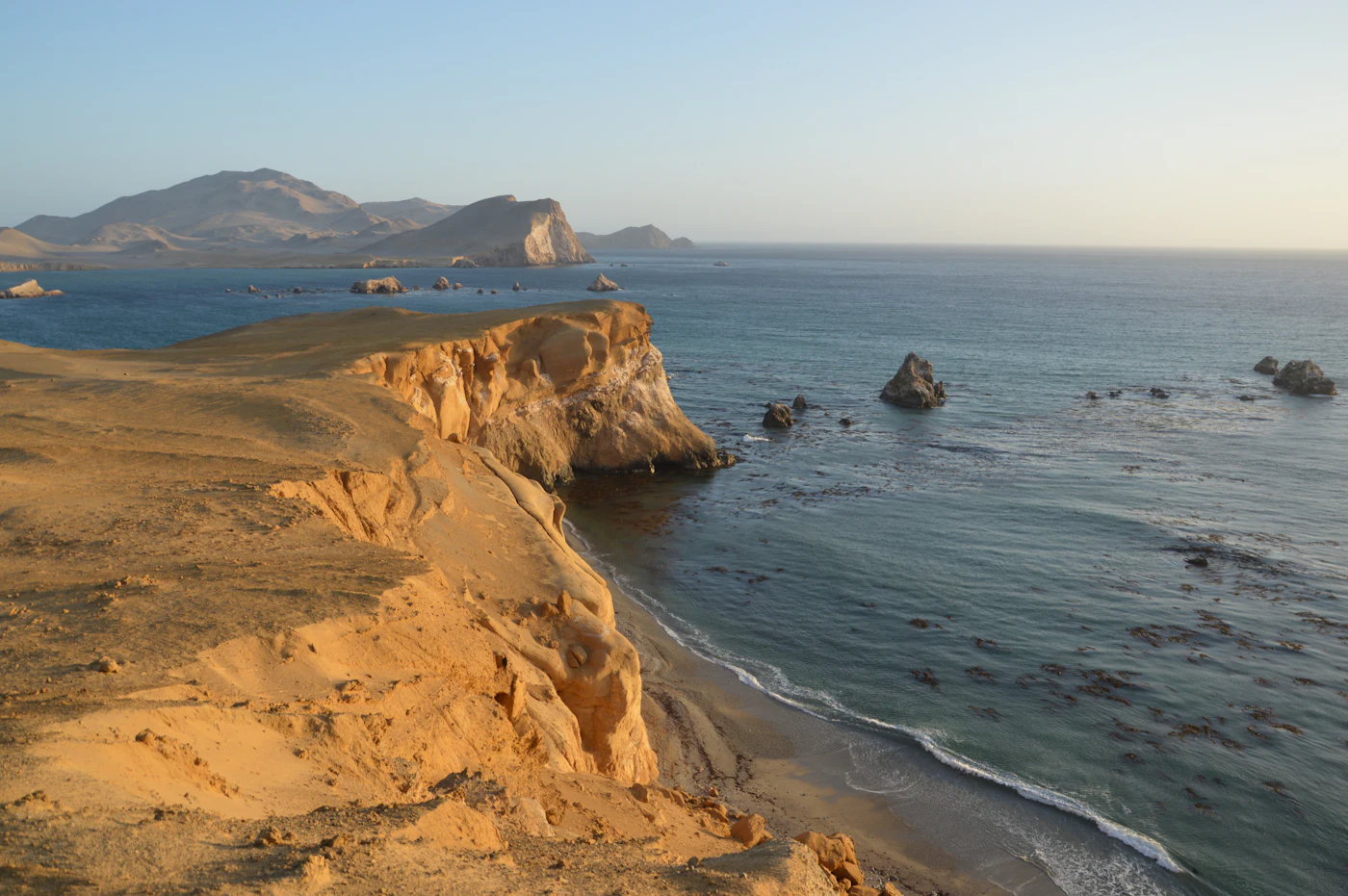 Golden desert cliffs above a calm blue sea in the Paracas National Reserve, Peru