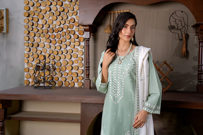 A woman in a light green embroidered outfit stands indoors.