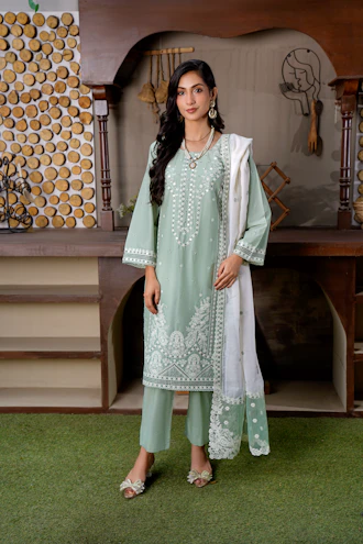 Woman in a light green embroidered outfit with white dupatta