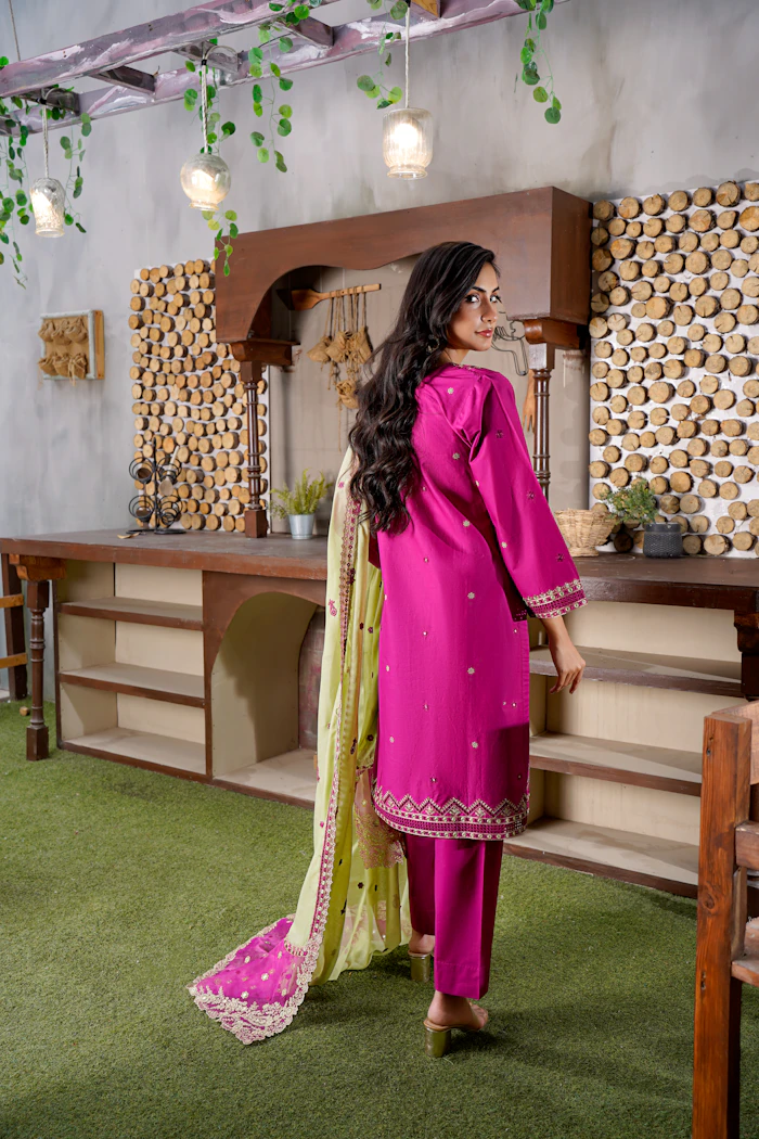 Woman in a bright pink embroidered outfit