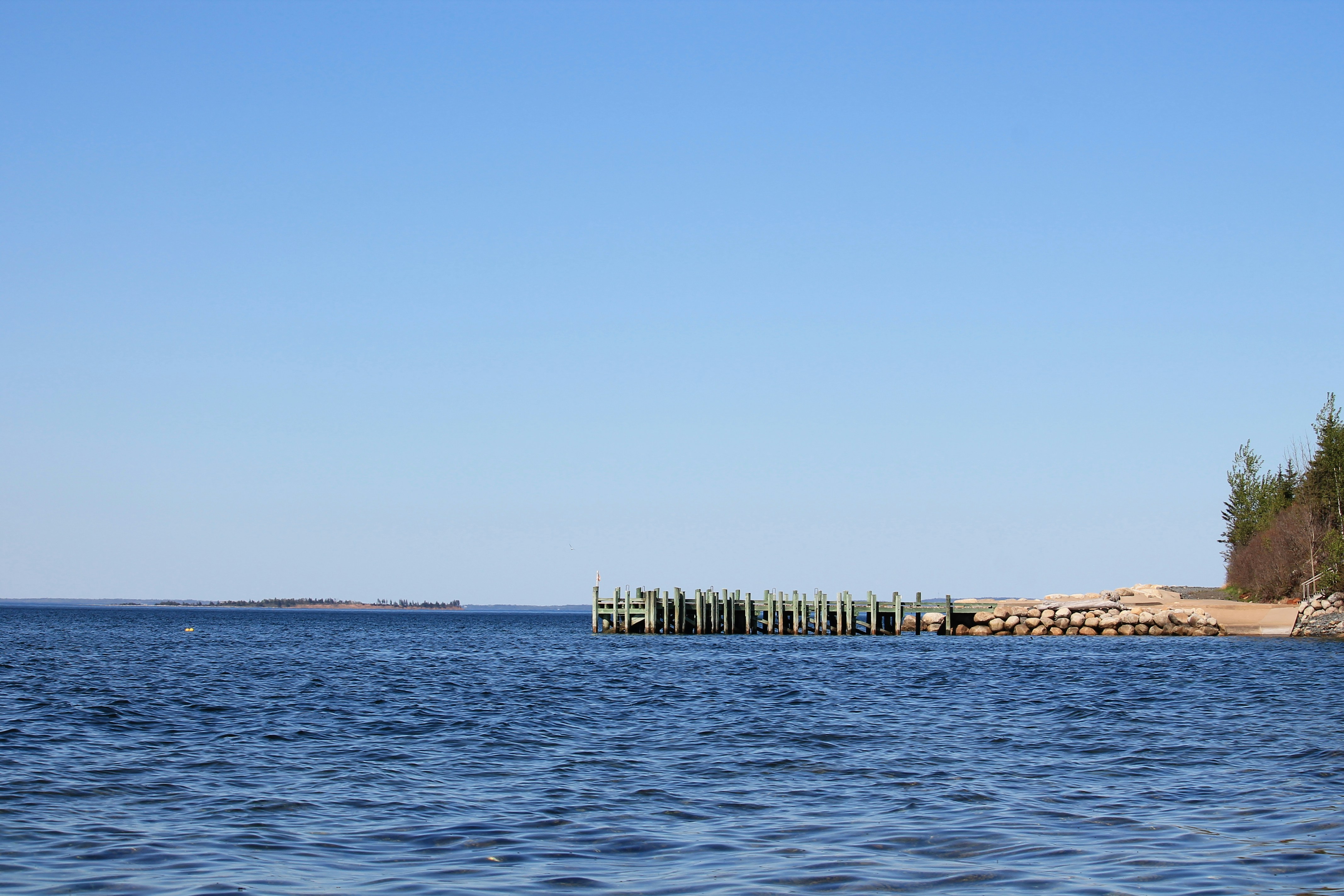 Wooden pilings in the calm blue ocean water.