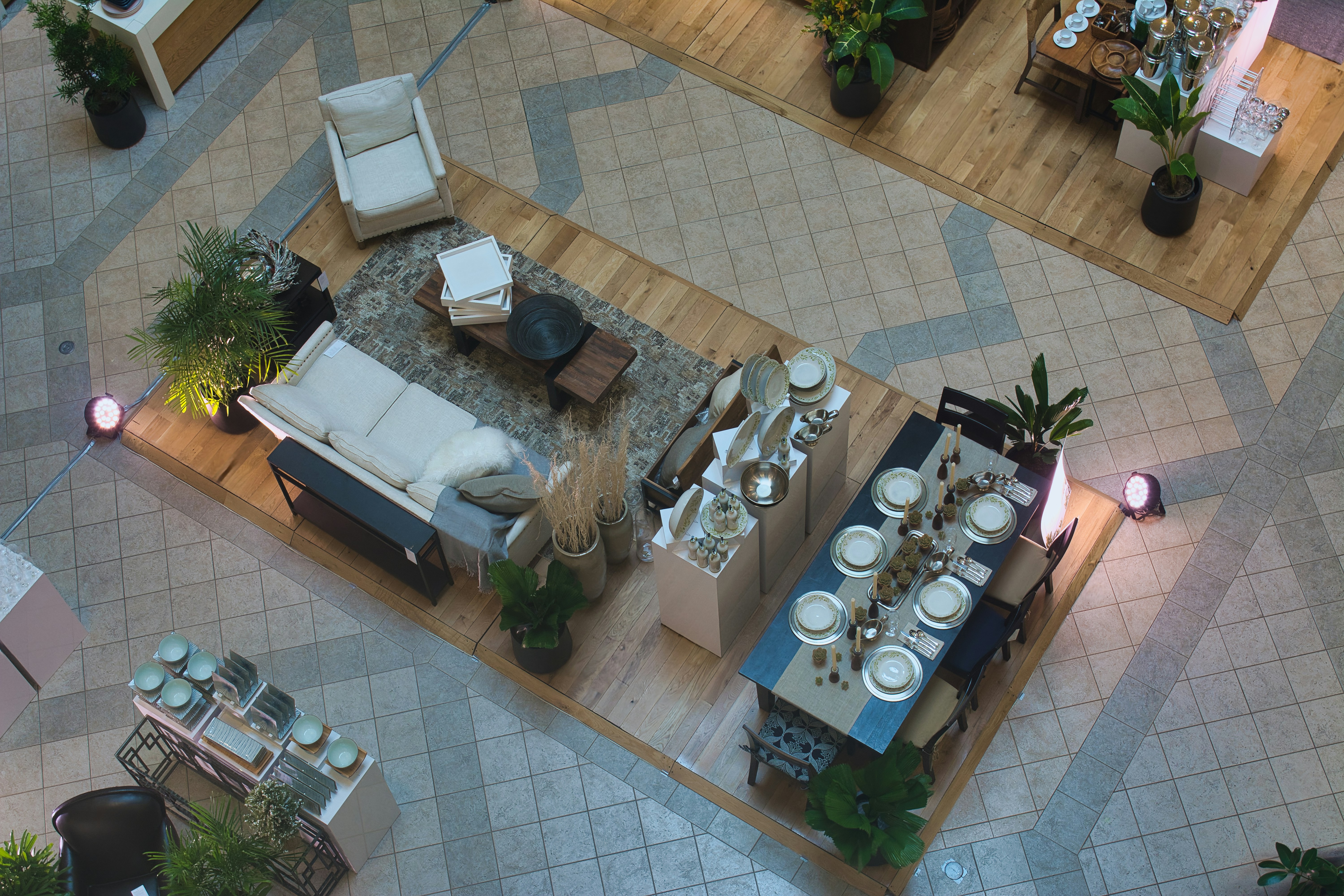 Dining and living room setup with furniture and plants.