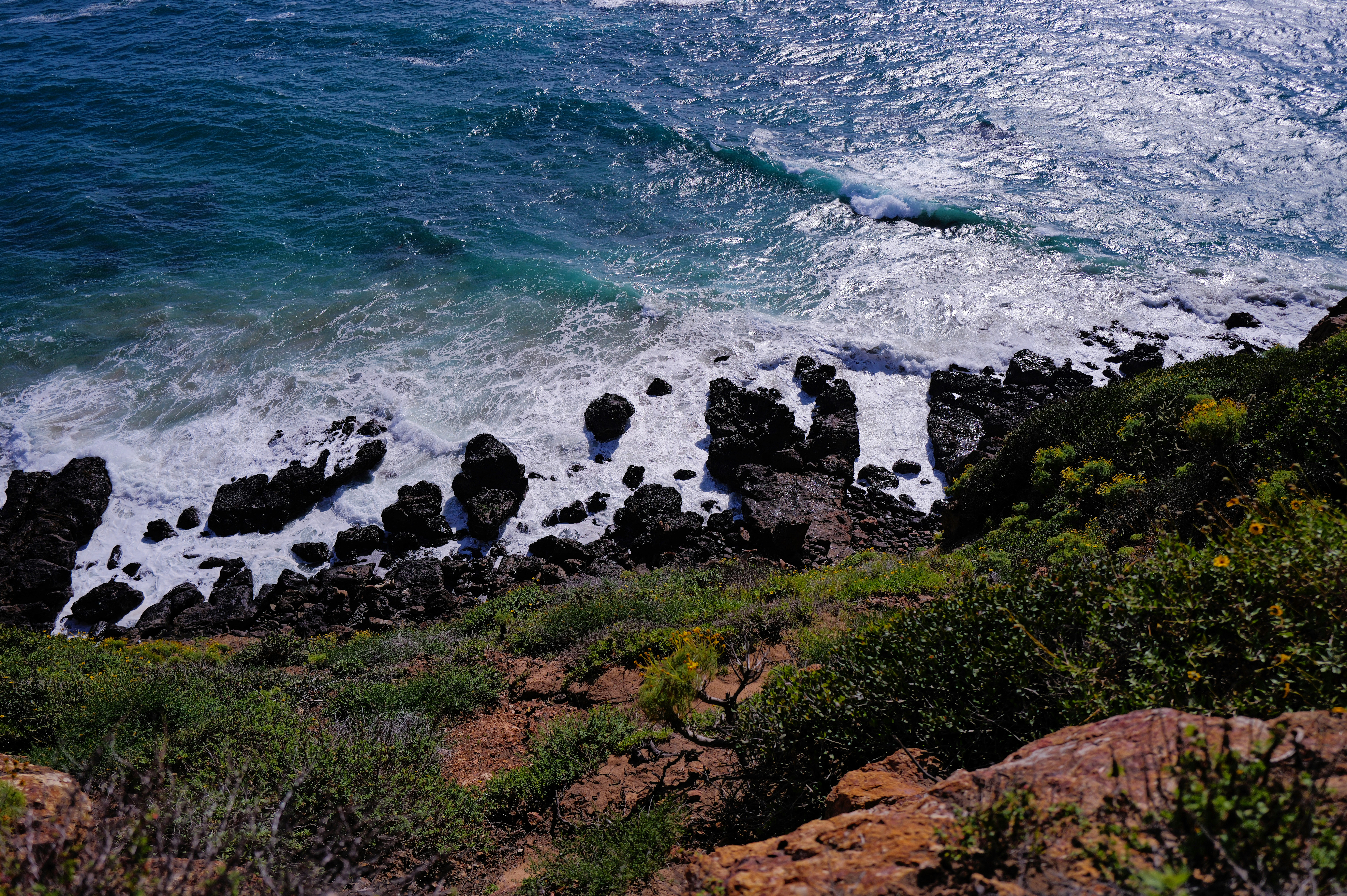 Waves crash against a rocky coastline with green vegetation