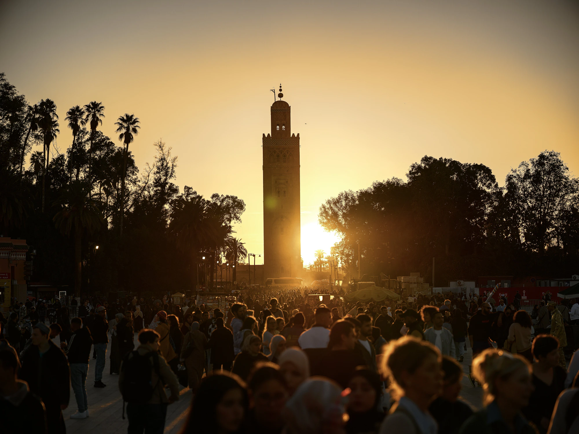 Warm evening light over Marrakech and a minaret