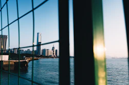 City skyline across the water seen through fence.