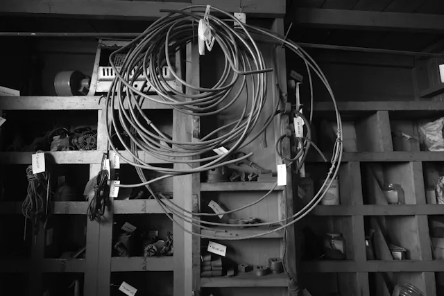 Coiled electrical wires hanging on a shelf in a workshop