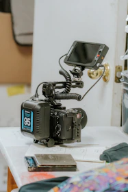 Professional video camera with external battery and monitor