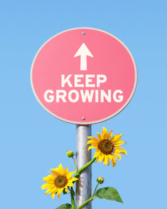 Pink sign with "keep growing" and sunflowers