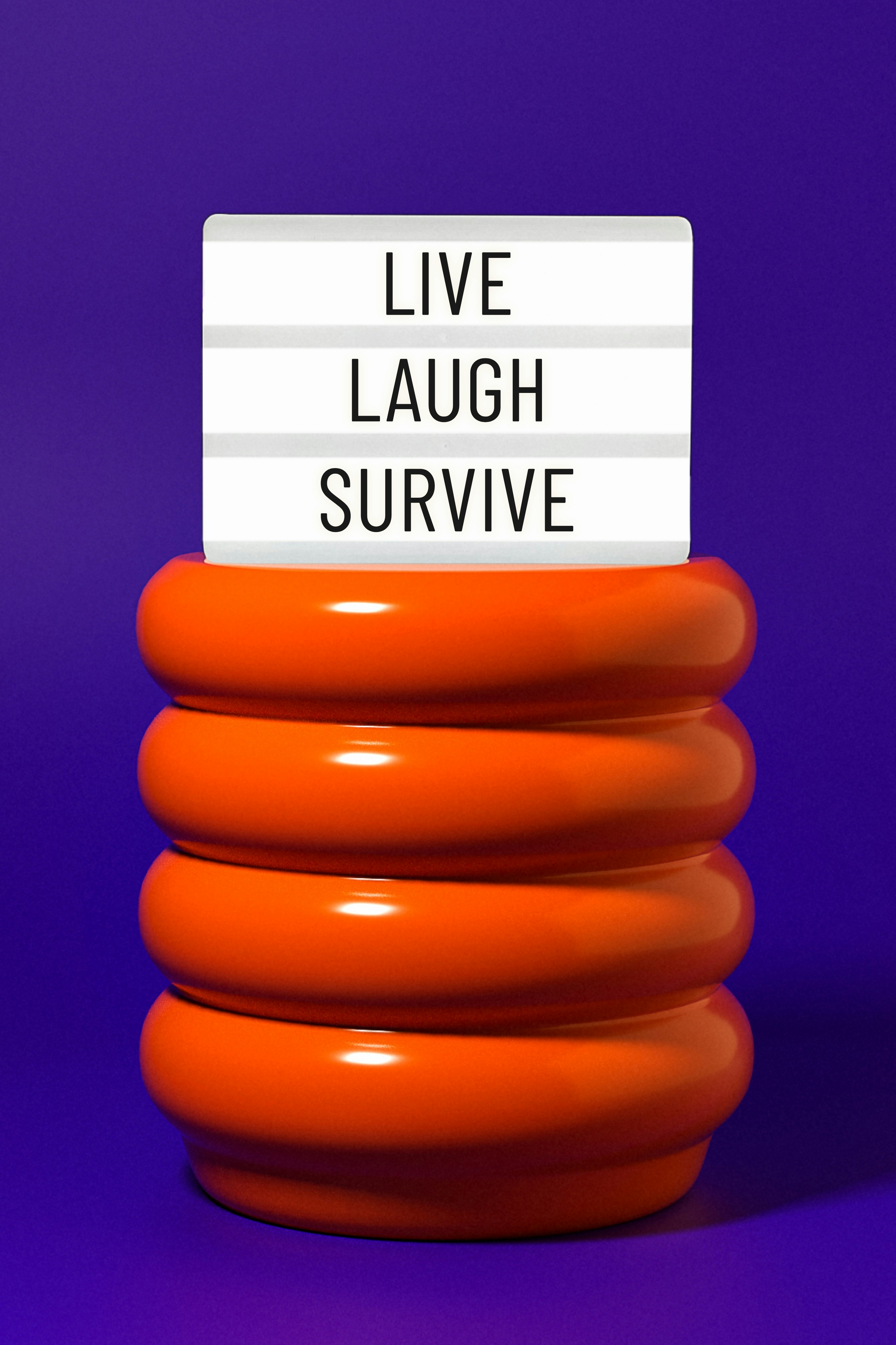 Lightbox with text "live laugh survive" on orange stand.