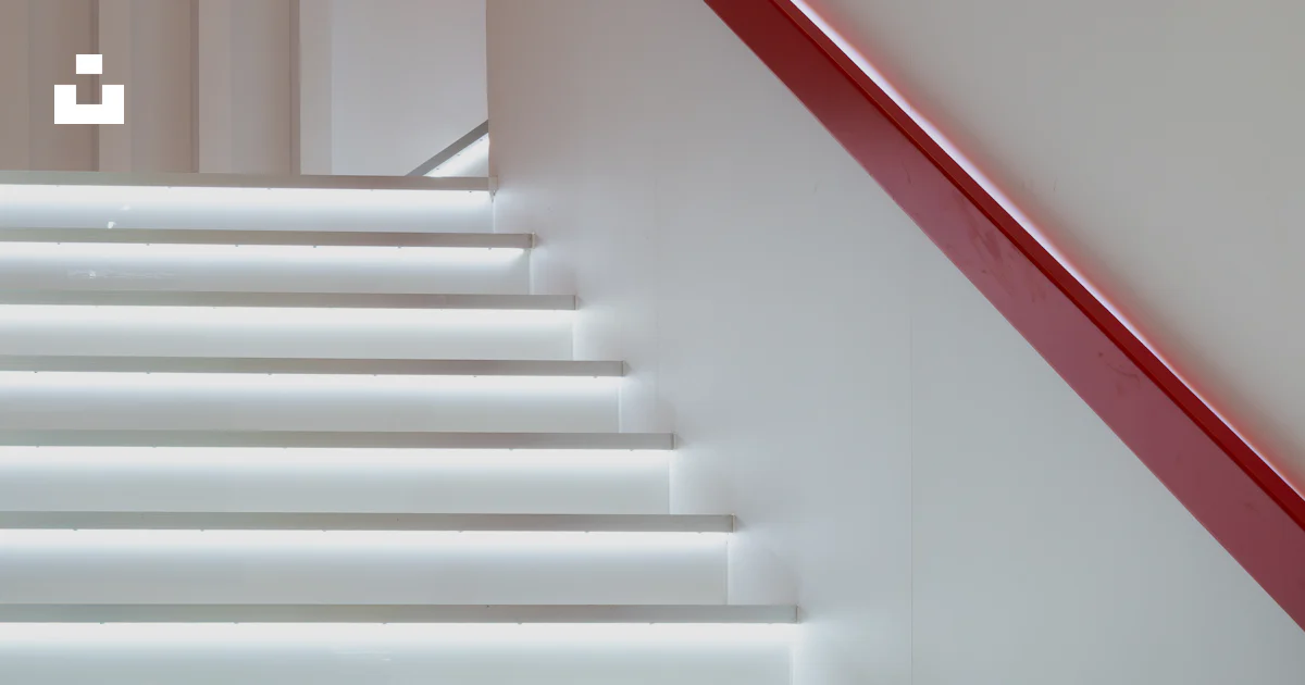 Stairs Railing Red Modern staircase with red railing and illuminated steps photo – Free ...