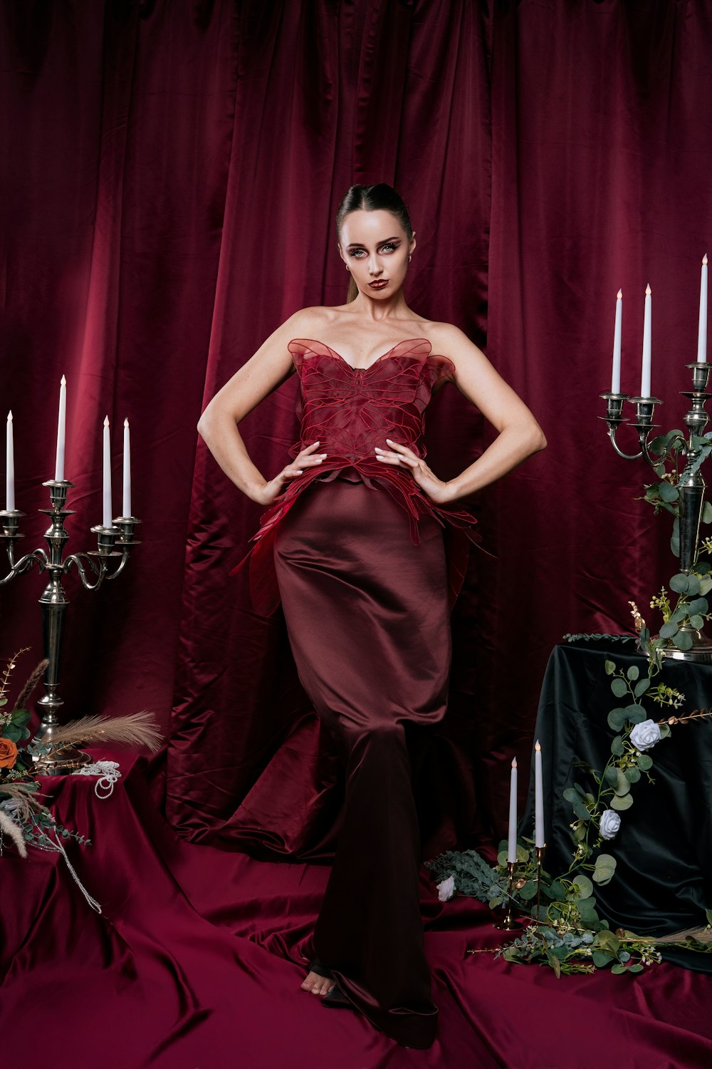 Luxury fashion editorial with exquisite fabric detail and lighting