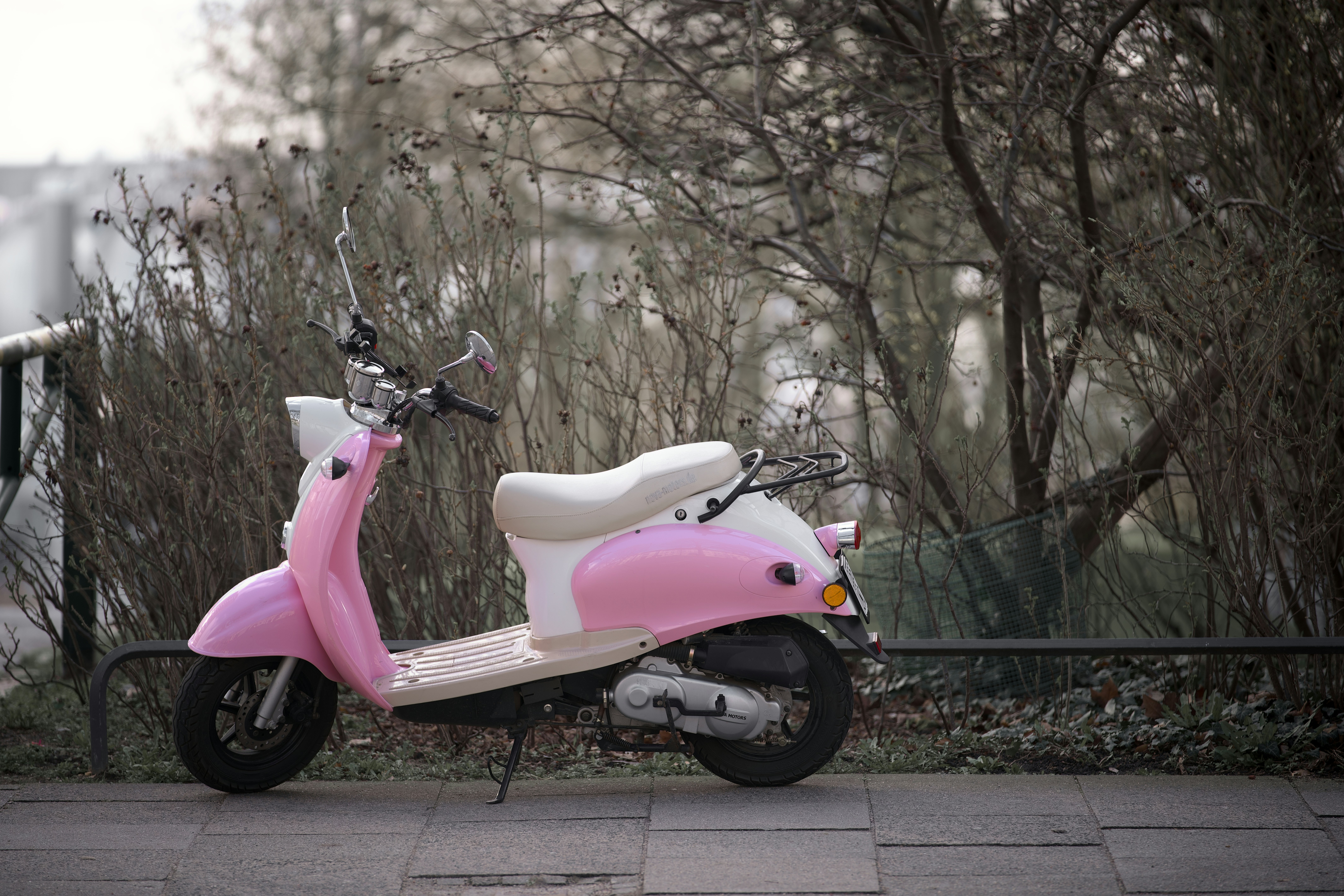 Un scooter rosa y blanco aparcado al aire libre cerca de arbustos