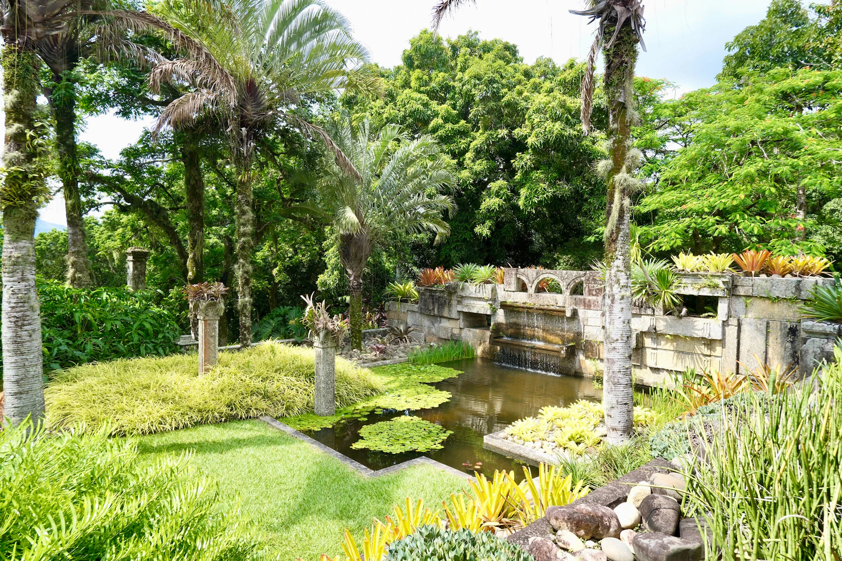 Lush tropical planting, pond and stone bridge in a Rio de Janeiro botanical garden
