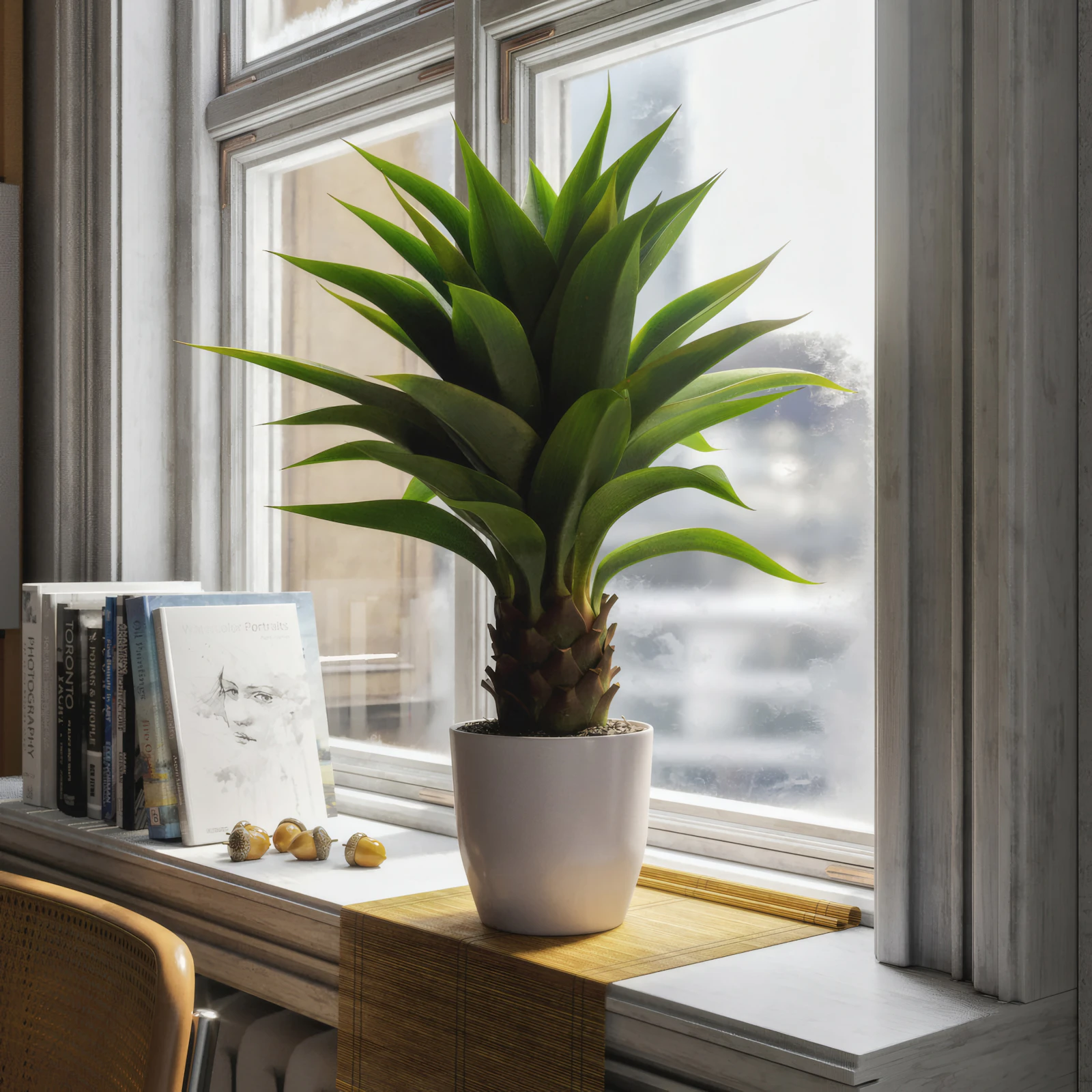 A potted green houseplant on a bright windowsill with summer daylight flooding through the glass onto pale walls and natural wood trim