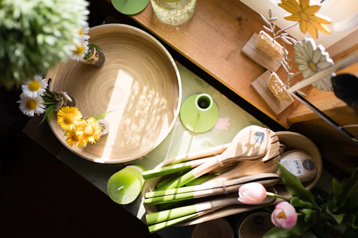 Wooden platter with spring flowers and vegetables