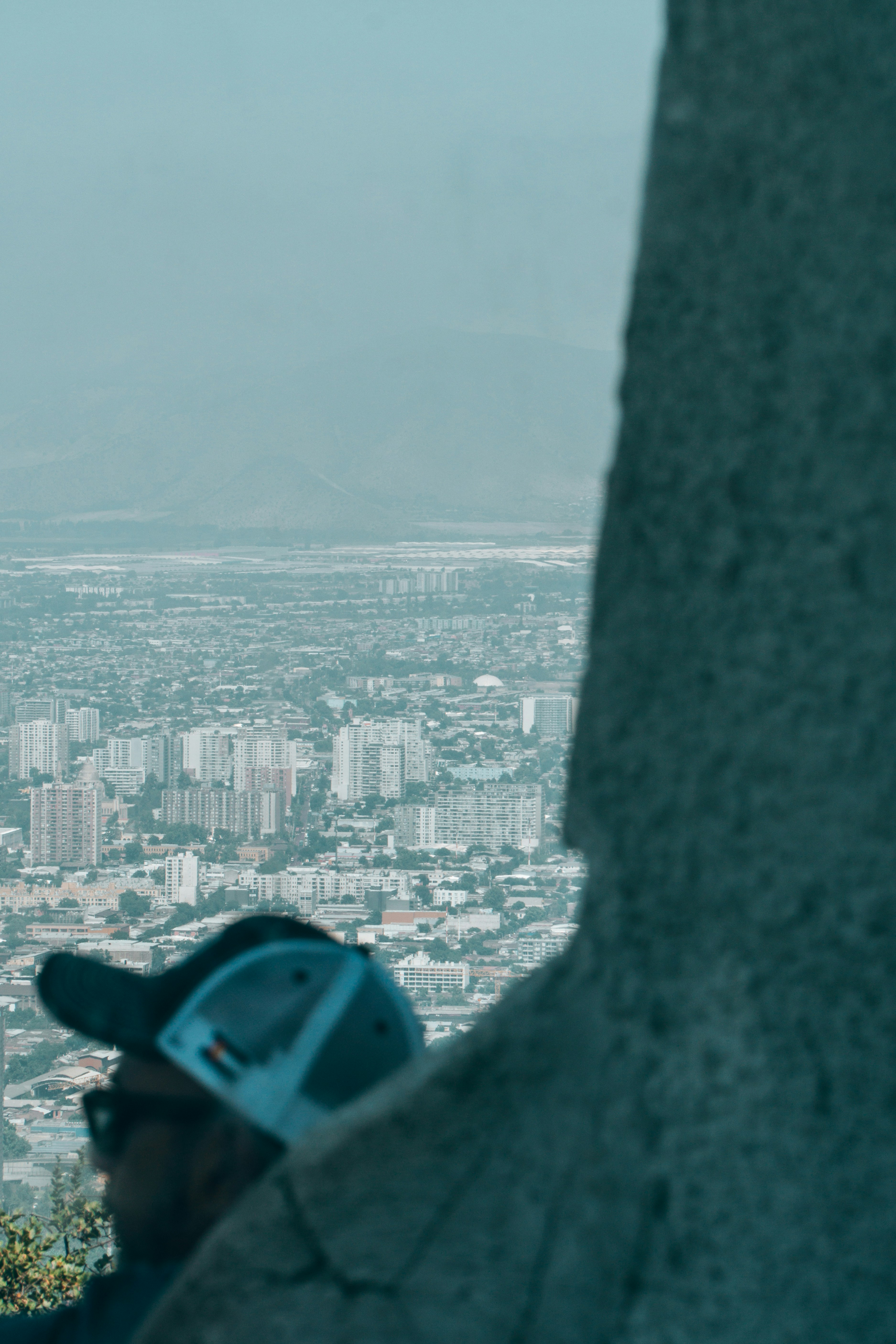 Man wearing a cap overlooks city skyline from above.