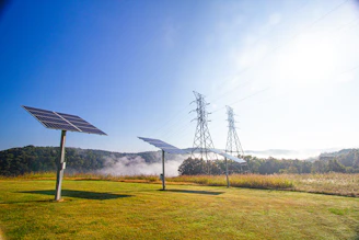 Solar panels and power lines in a grassy field.