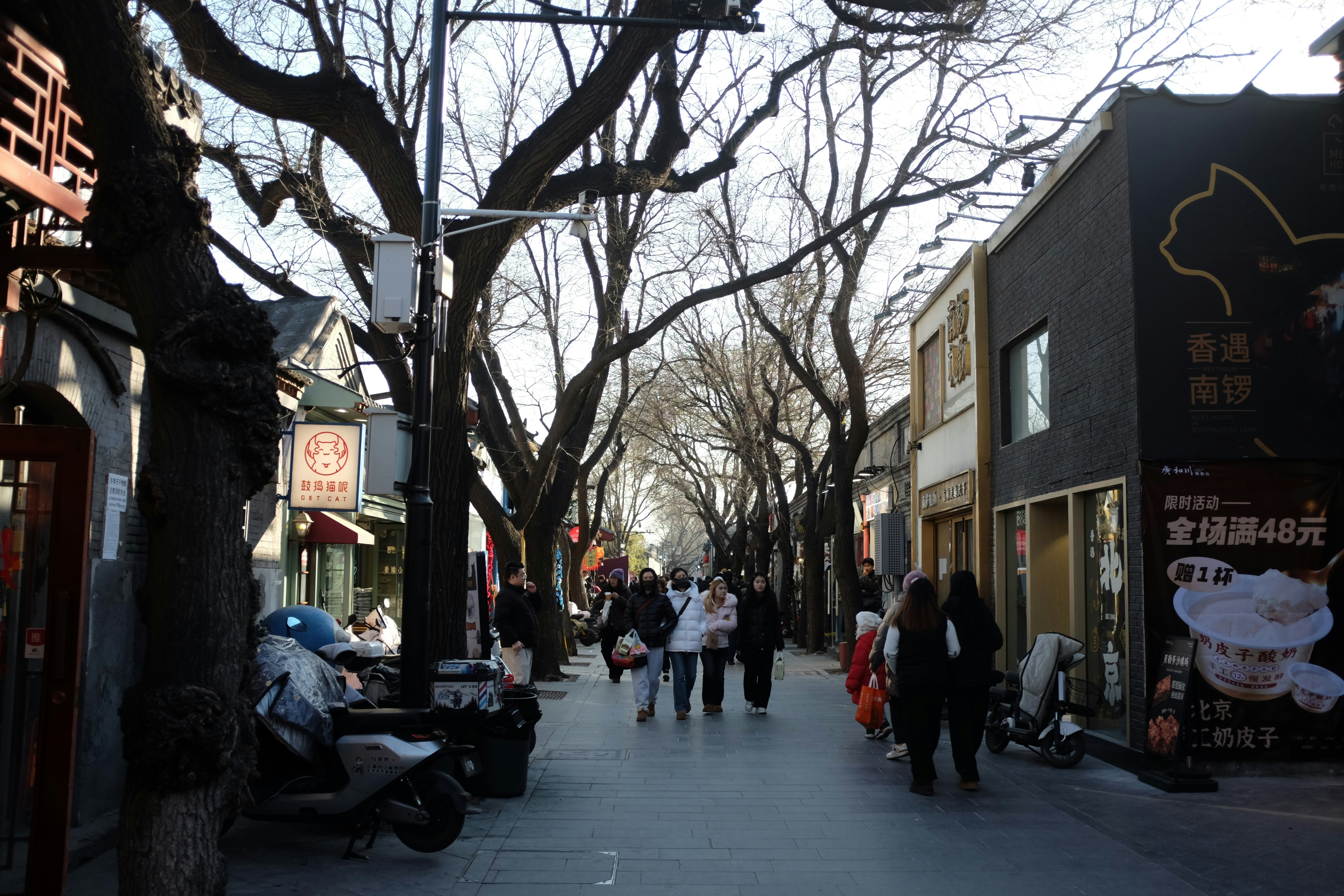 People walking down a tree-lined street with shops.