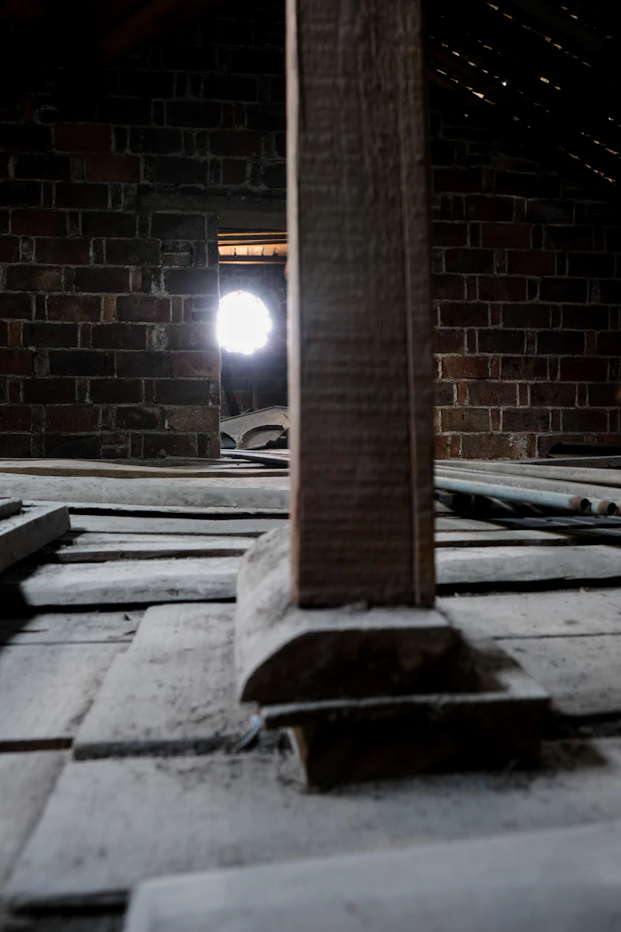 Dark attic space beneath roof beams