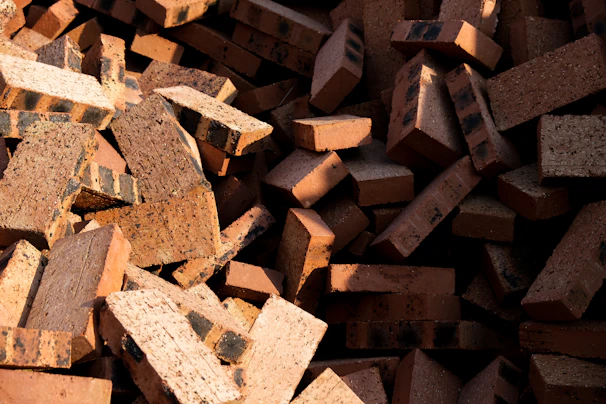 A pile of broken red bricks