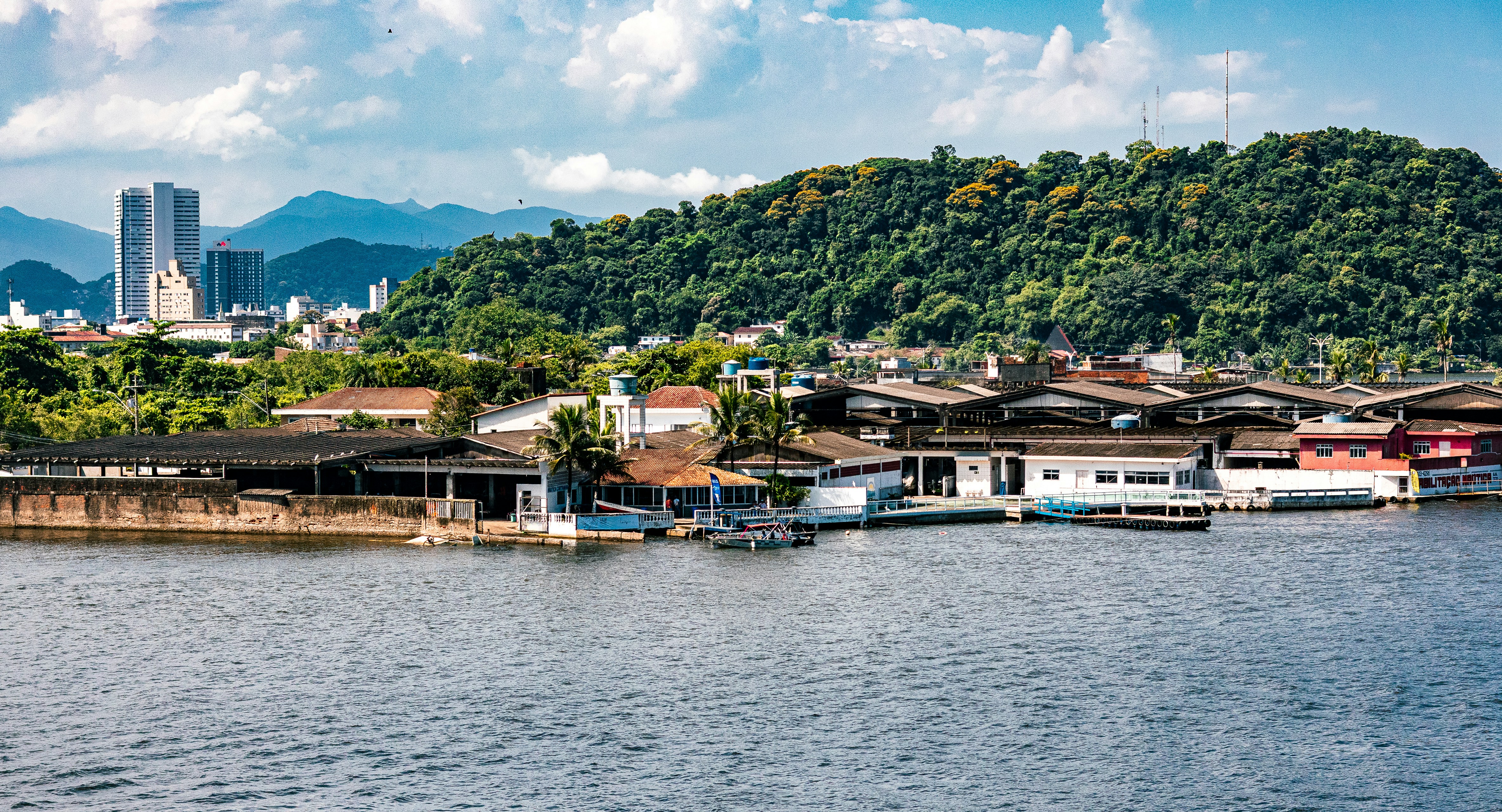 A coastal town with buildings and lush green hills under a cloudy sky.