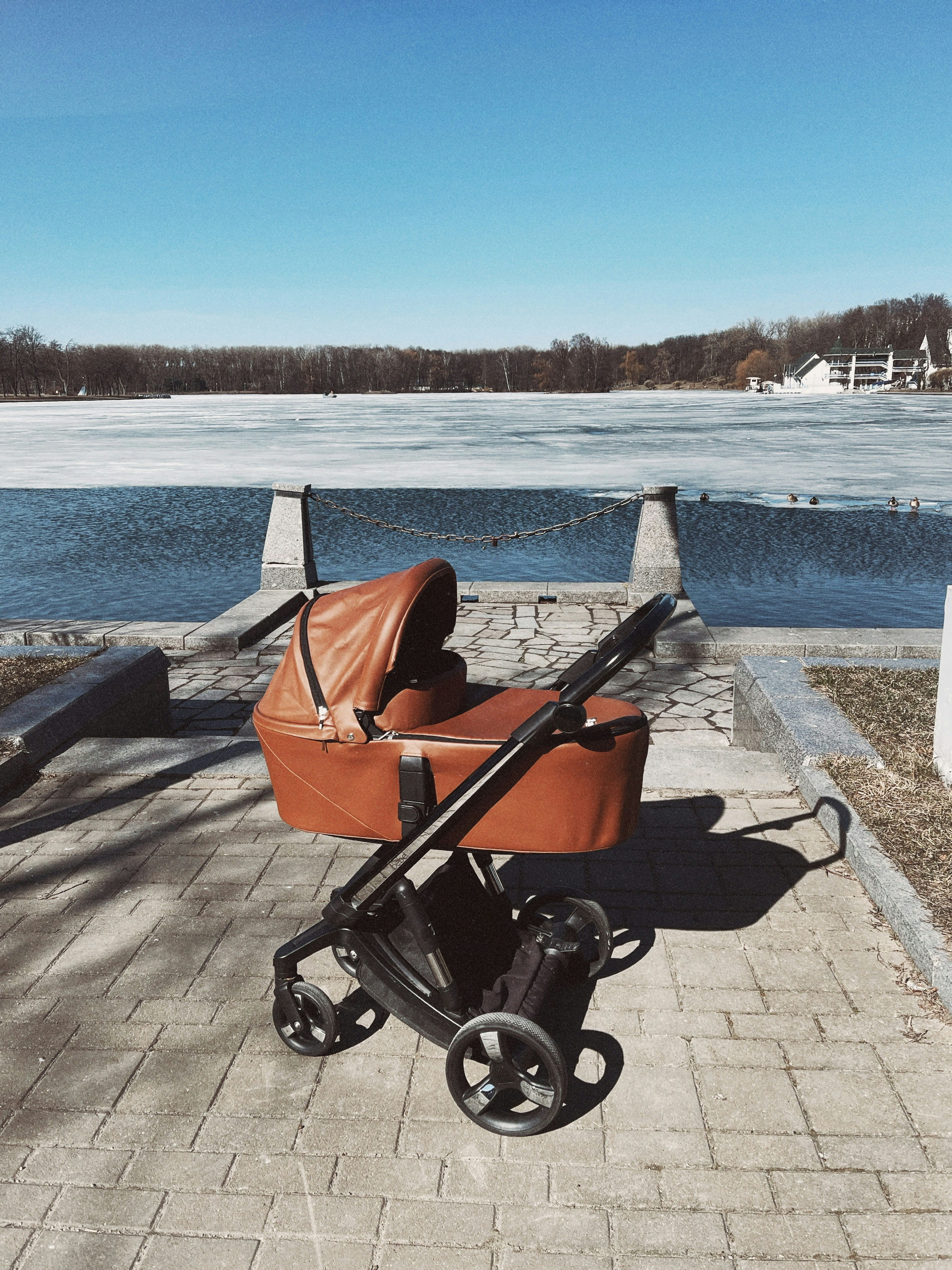 Un passeggino marrone per bambini è posizionato su un vialetto asfaltato.