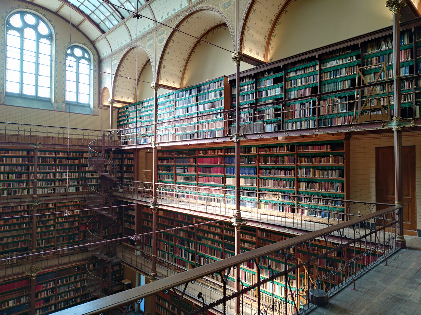 A multilevel library with bookshelves