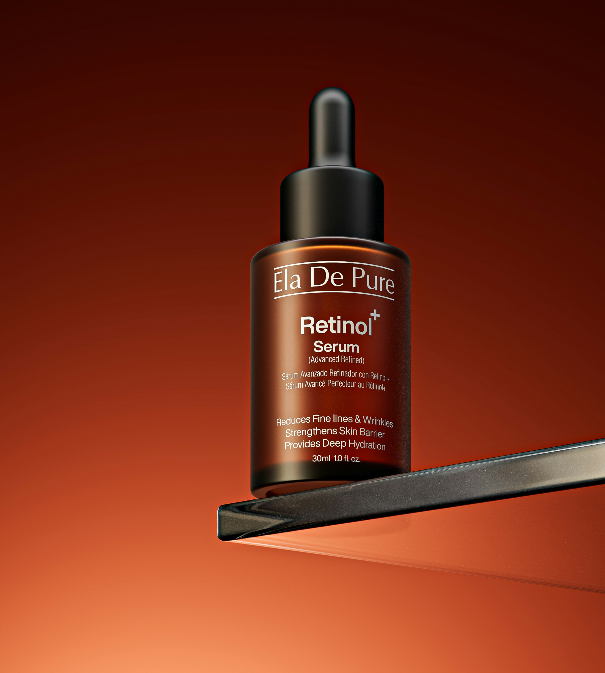 Brown glass bottle of retinol serum on shelf