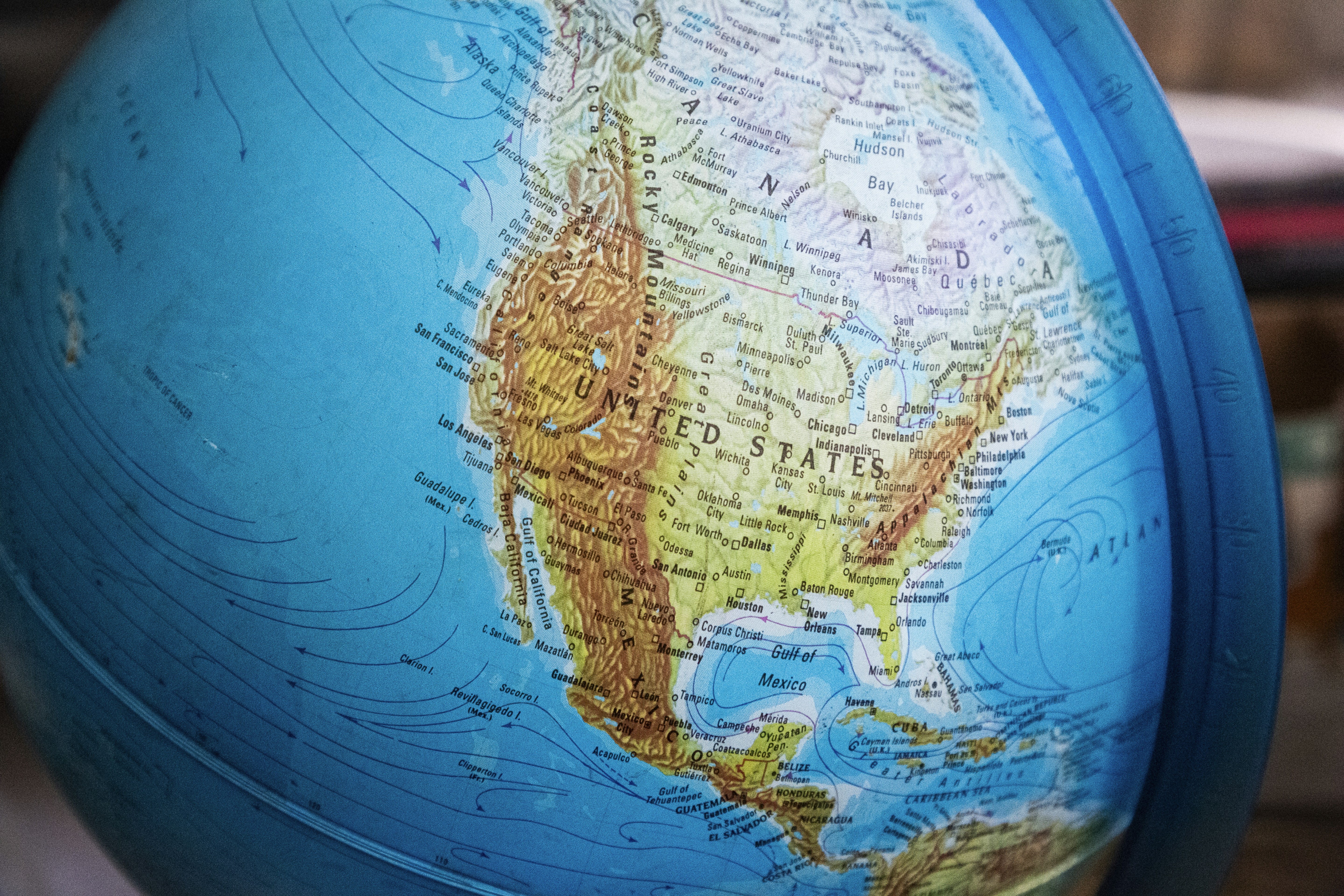 Close-up of a globe showing north america.