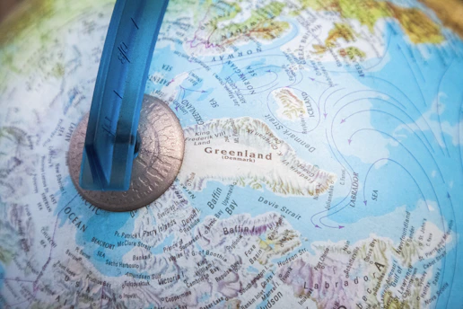 Close-up of greenland on a blue globe.