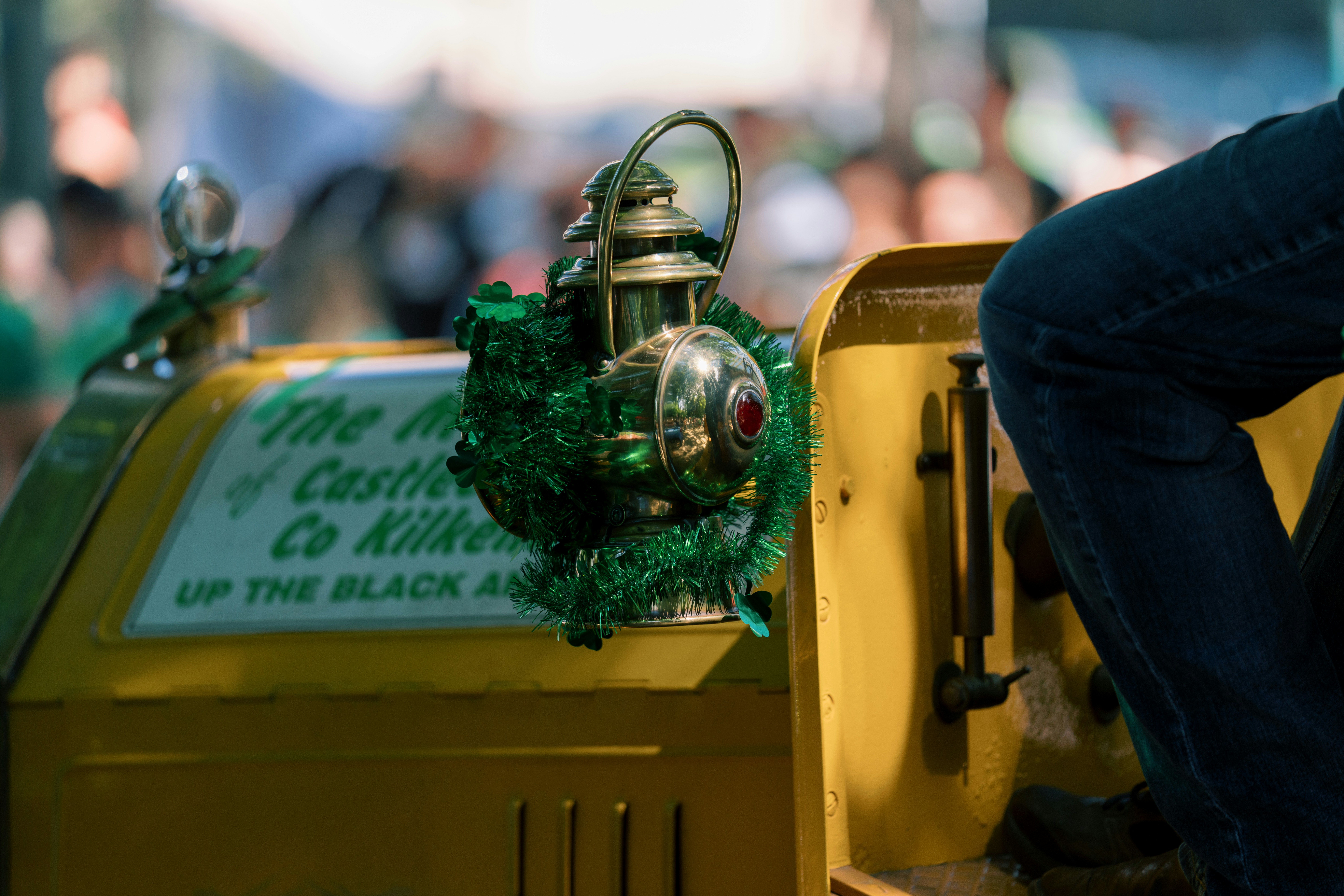 Vintage car decorated with garland and lantern