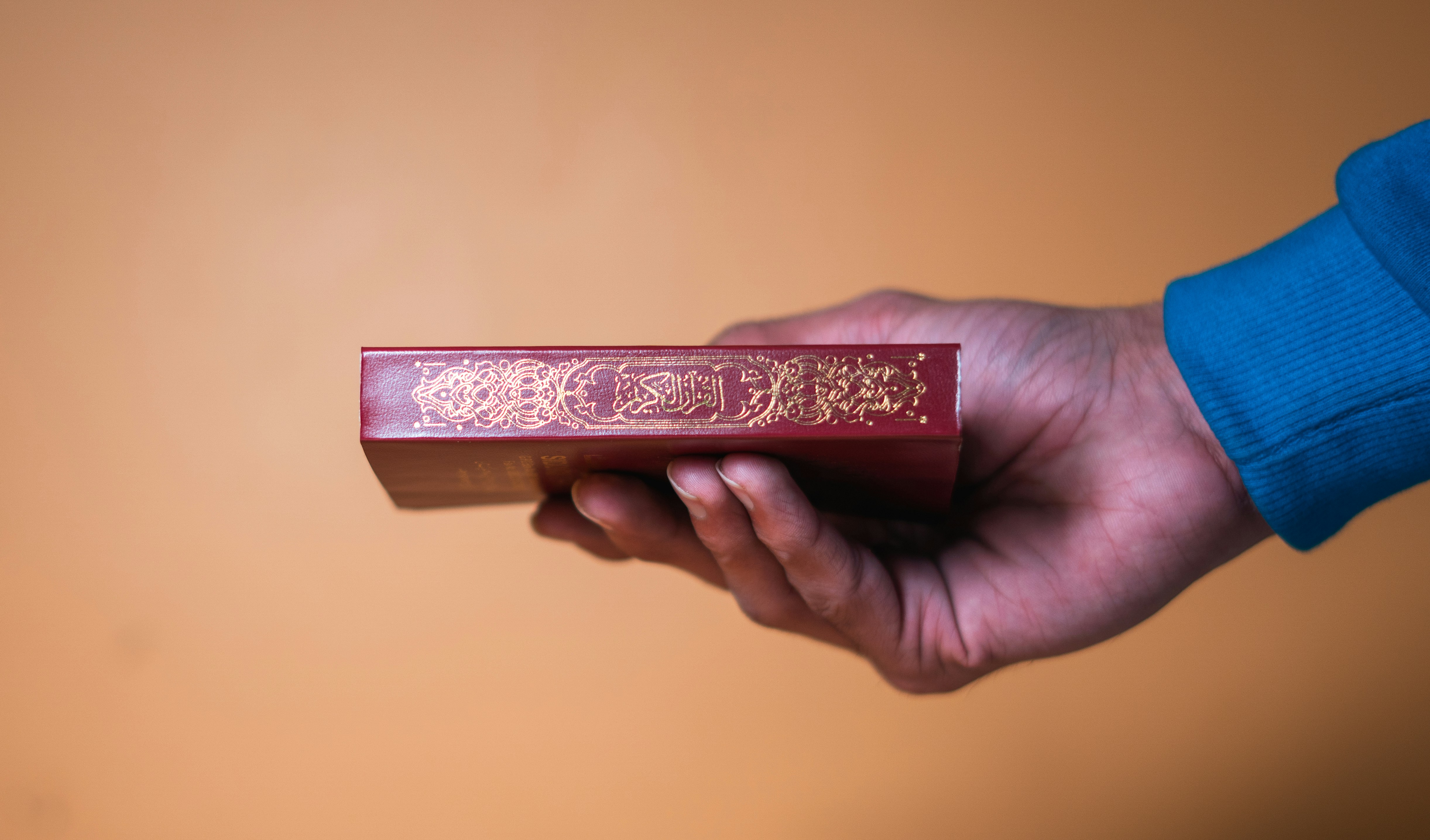 Hand holding a small, ornate red book.