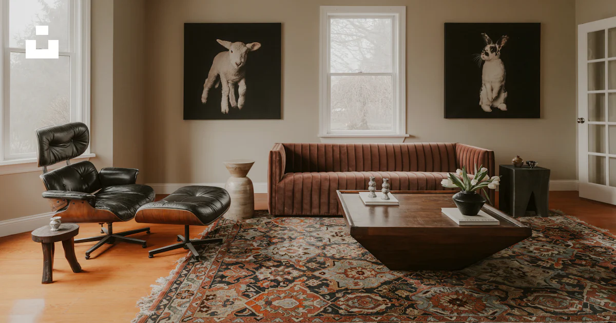 Living room with modern furniture and animal art photo – Free Living ...