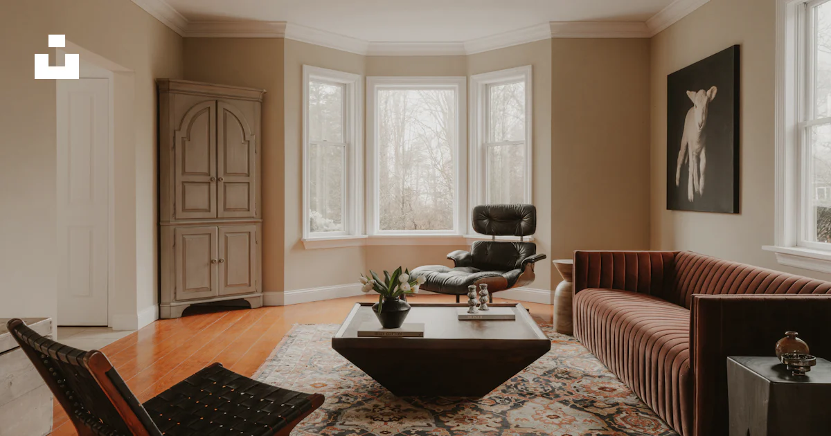 Modern living room with stylish furniture and large windows. photo ...