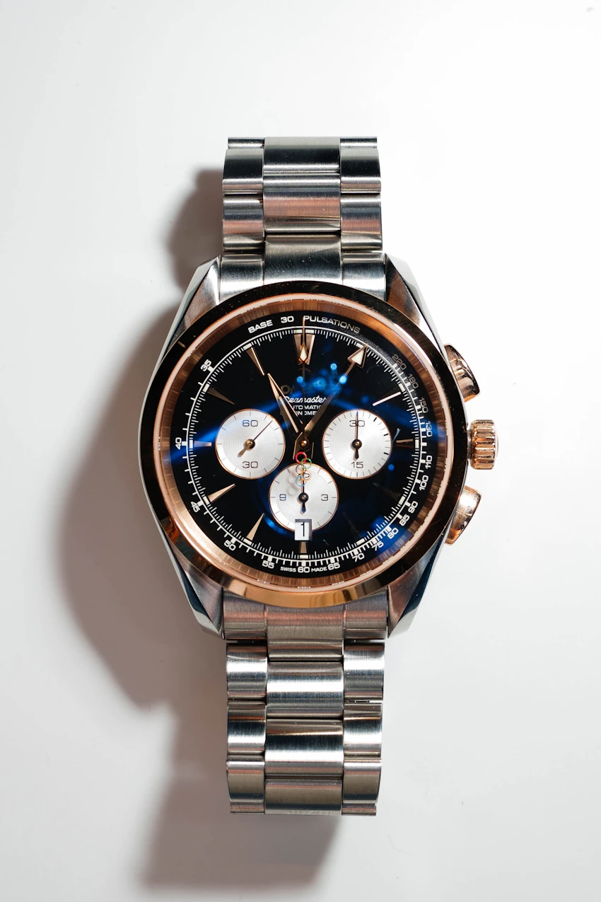 Omega Seamaster wristwatch in a close-up editorial photograph