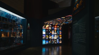 Museum exhibit with screens displaying various media